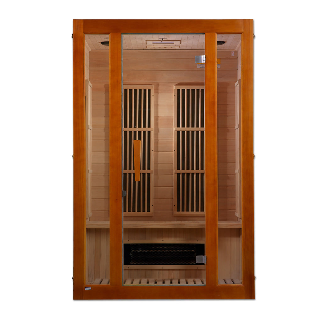 Wooden sauna with glass doors on a white background