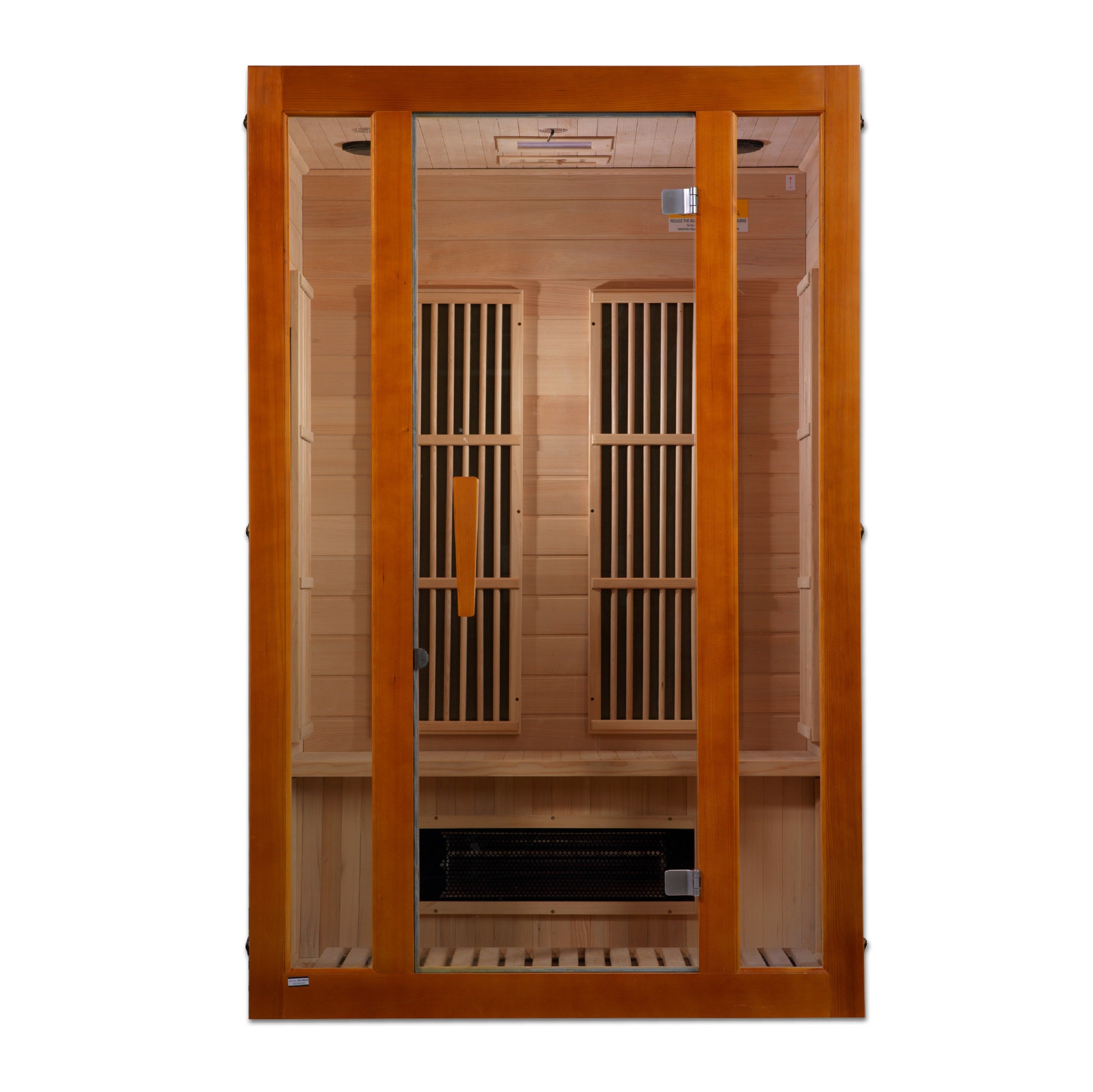 Wooden sauna with glass doors on a white background
