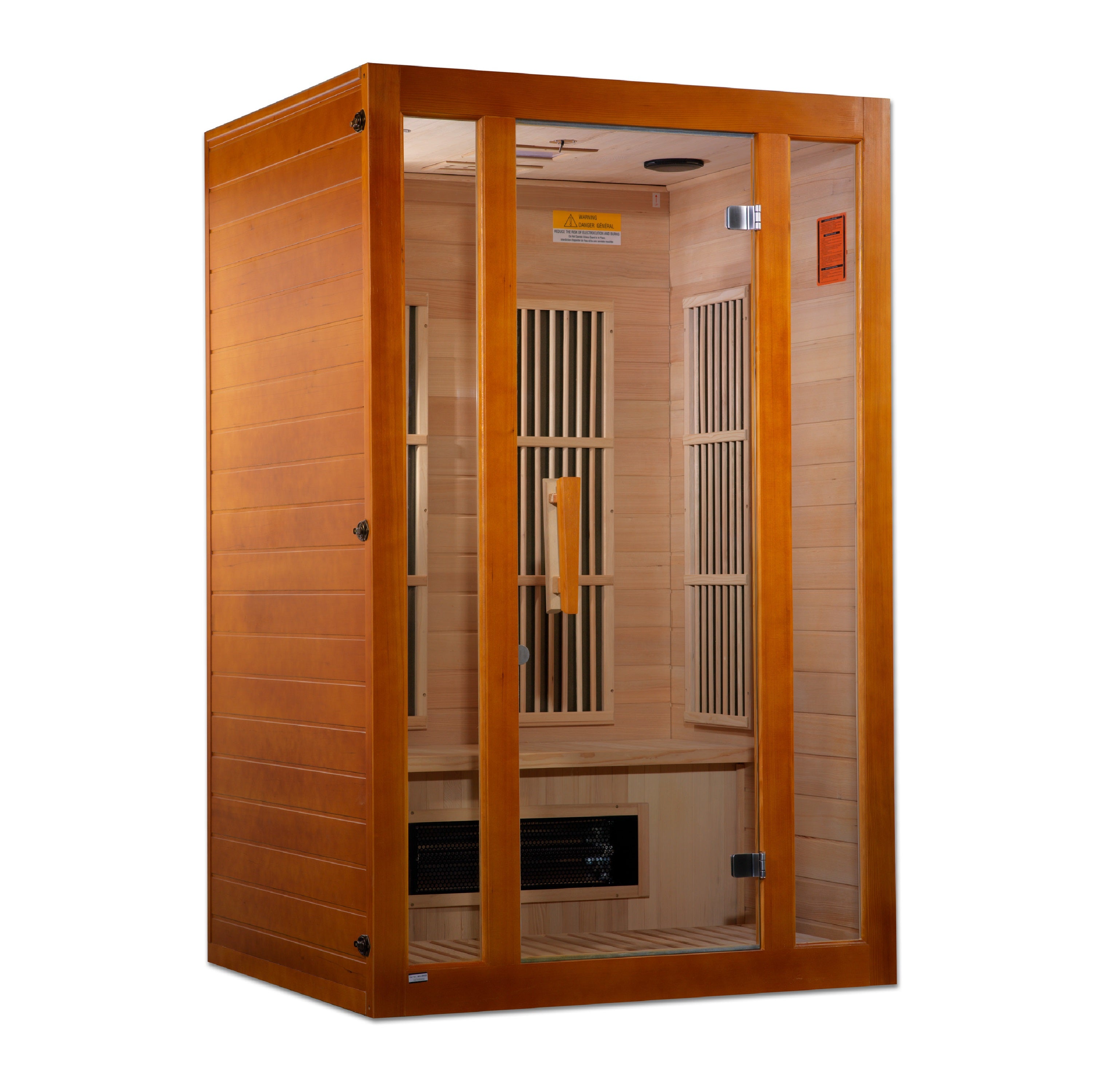 Wooden sauna with glass doors on a white background