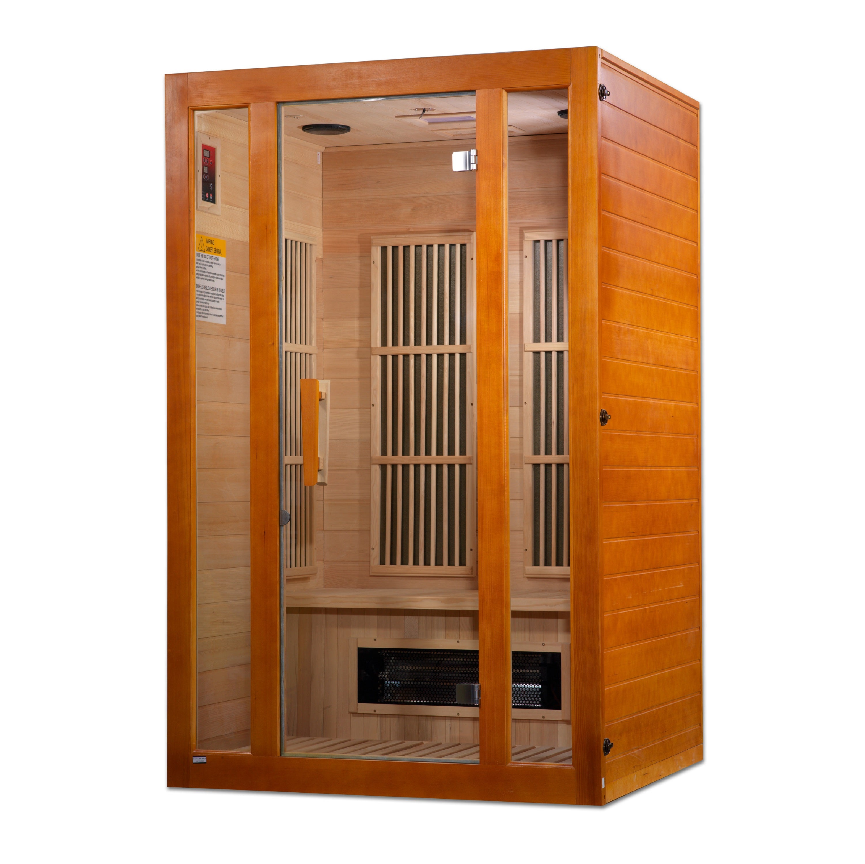 Wooden sauna with glass doors on a white background