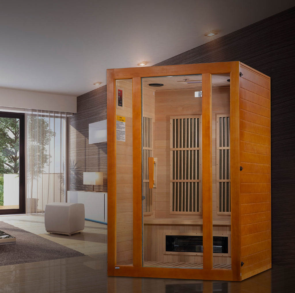 Wooden infrared sauna in a modern living room setting