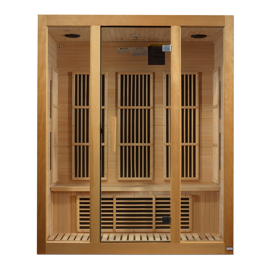 Wooden sauna with glass doors on a white background