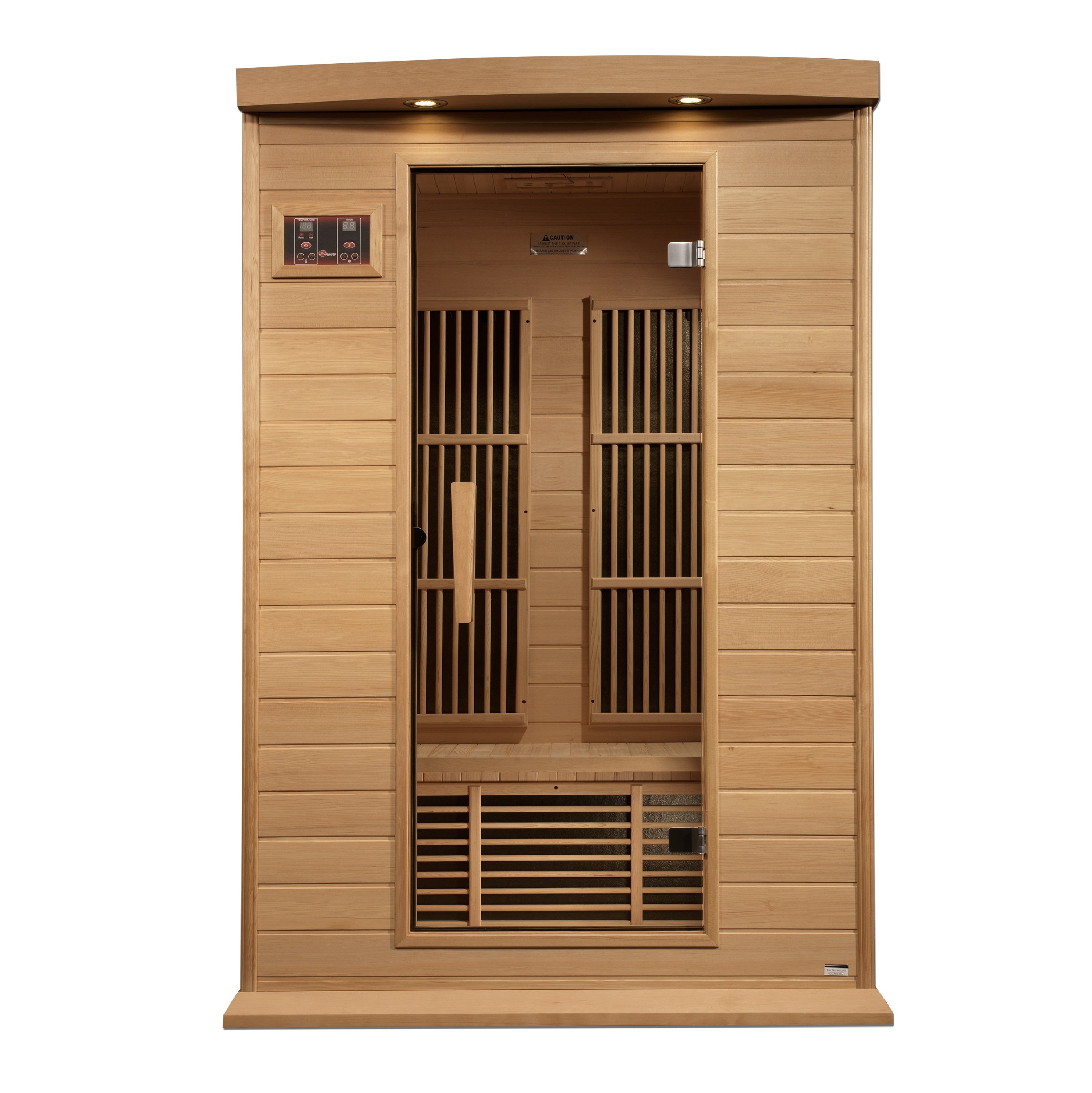 Wooden sauna with interior lattice design on a white background