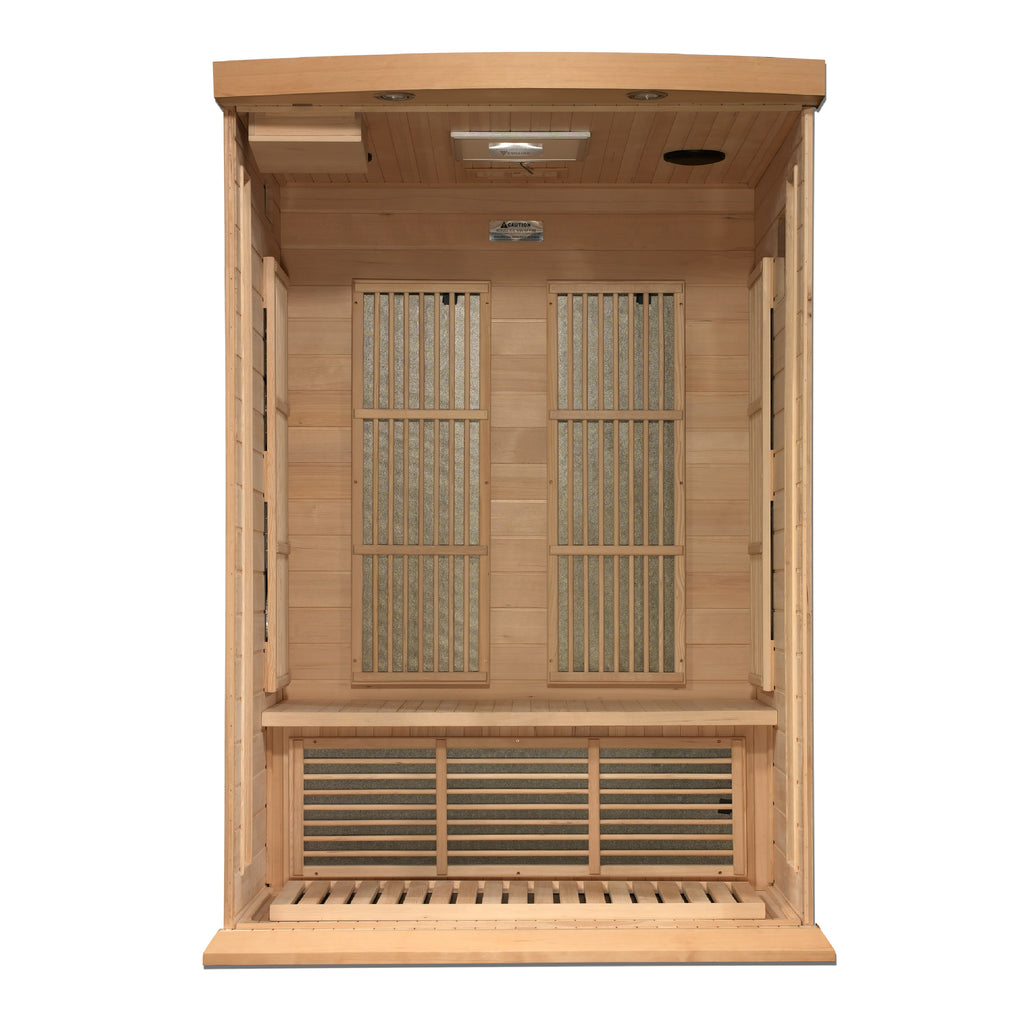 Wooden sauna with slatted doors on a white background