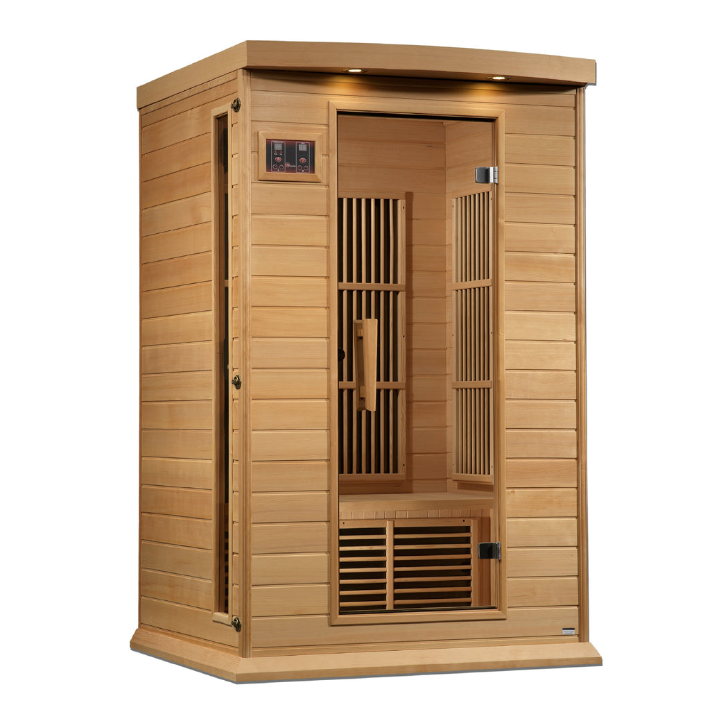 Wooden sauna with glass door