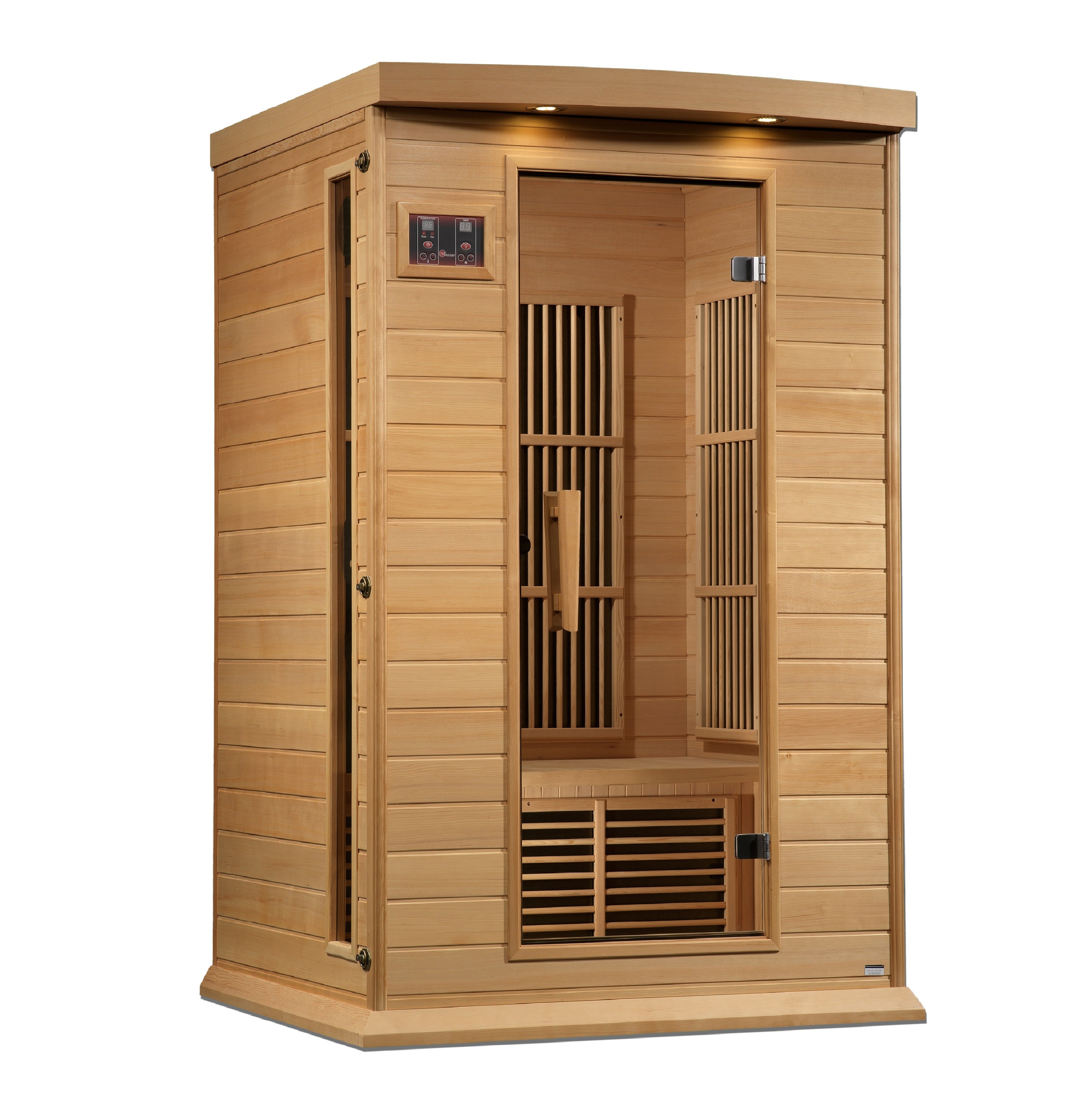 Wooden sauna with glass door