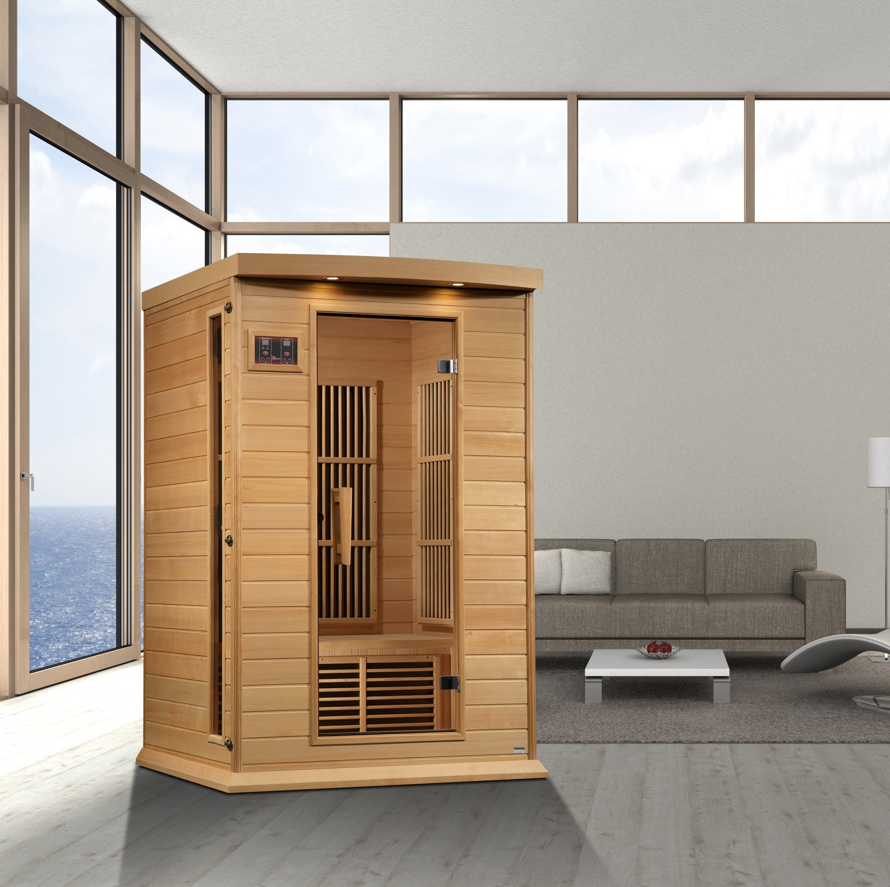 Wooden sauna in a modern living room with large windows