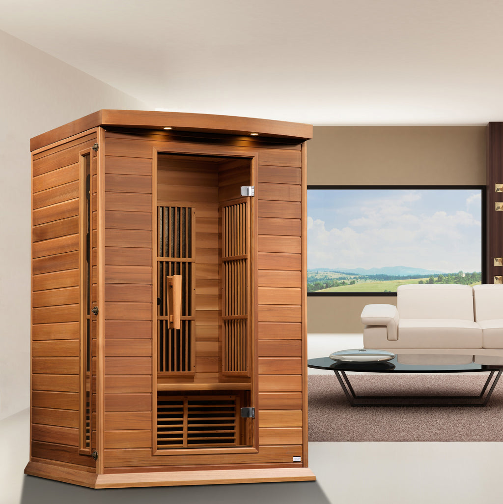Wooden sauna in a modern living room with a couch and large window.
