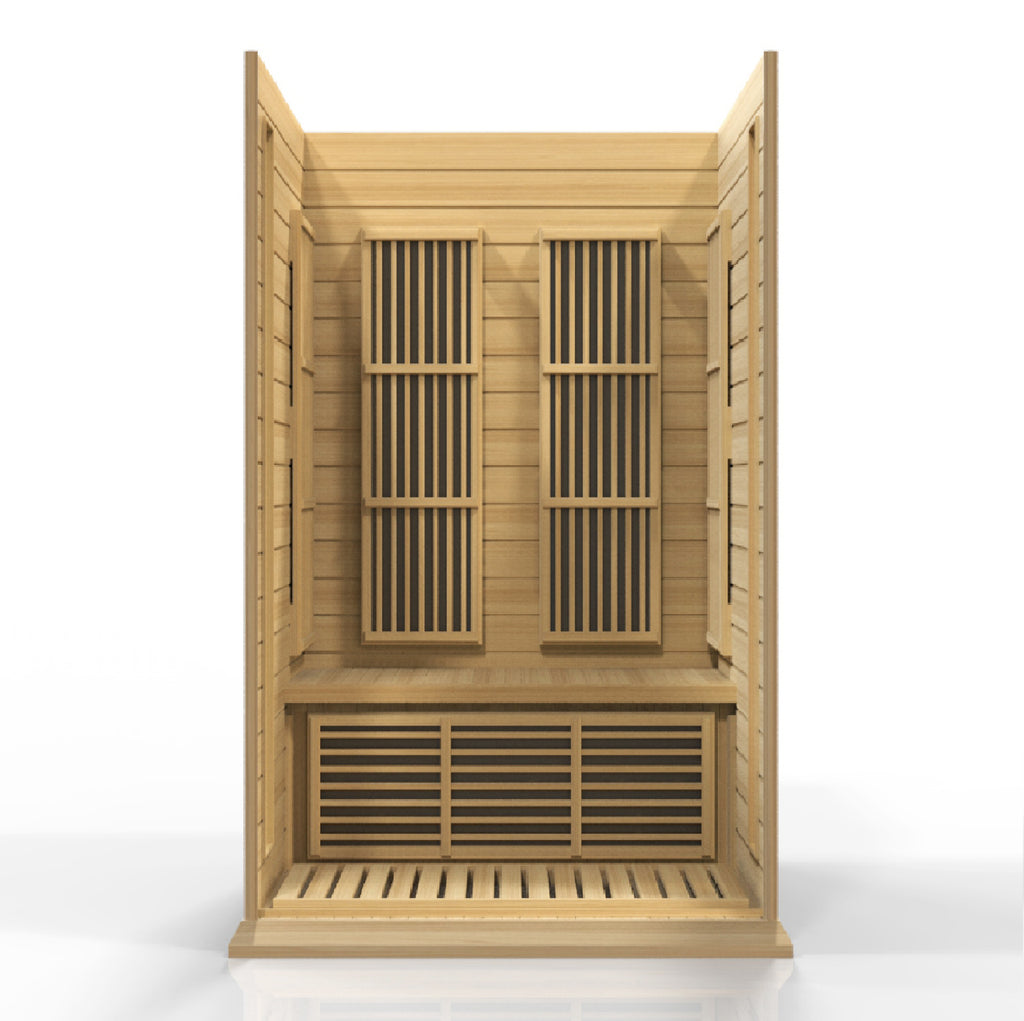 Wooden sauna with open doors on a white background