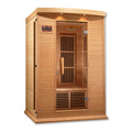 Wooden sauna with interior lights on a white background