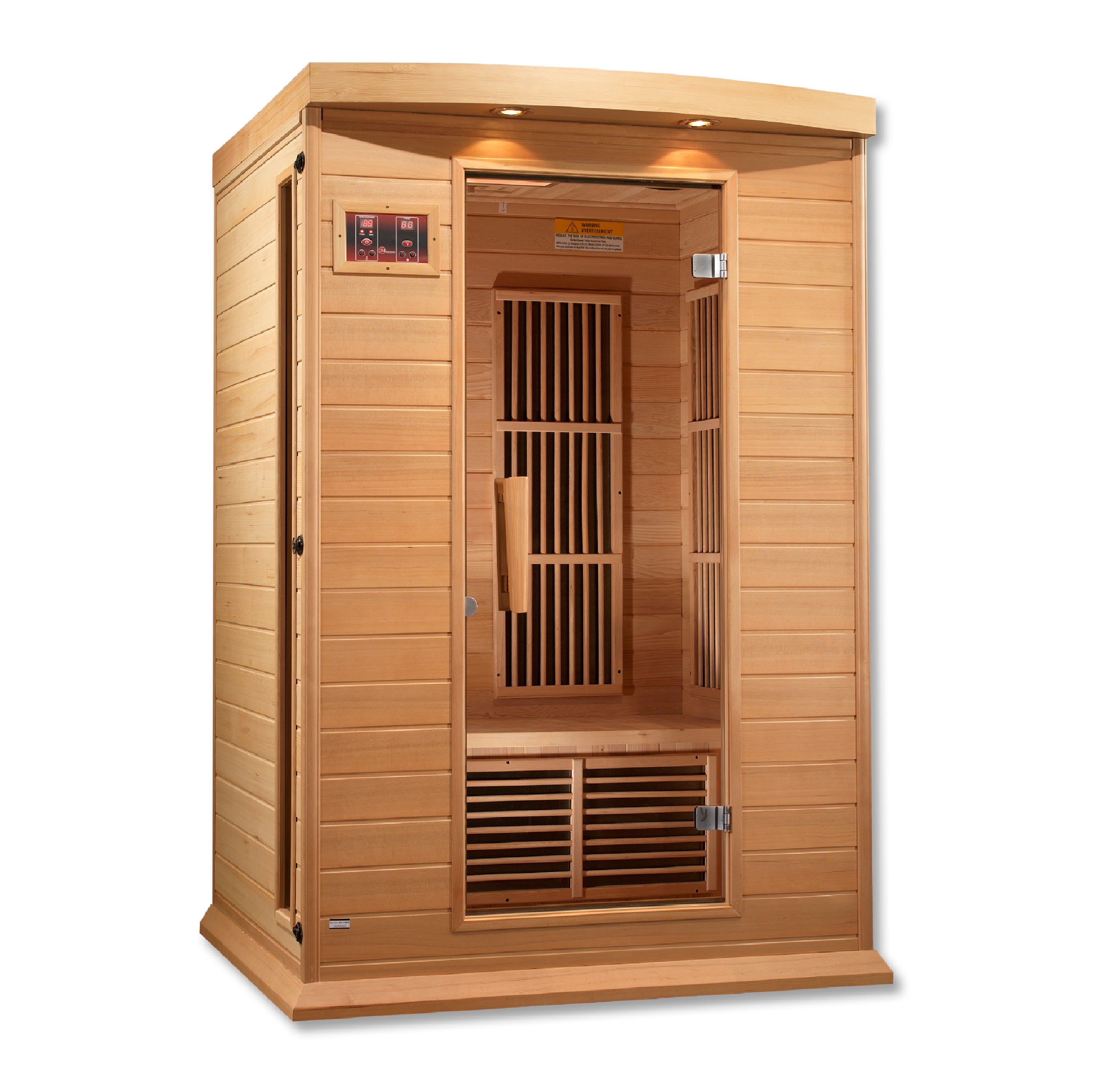 Wooden sauna with interior lights on a white background