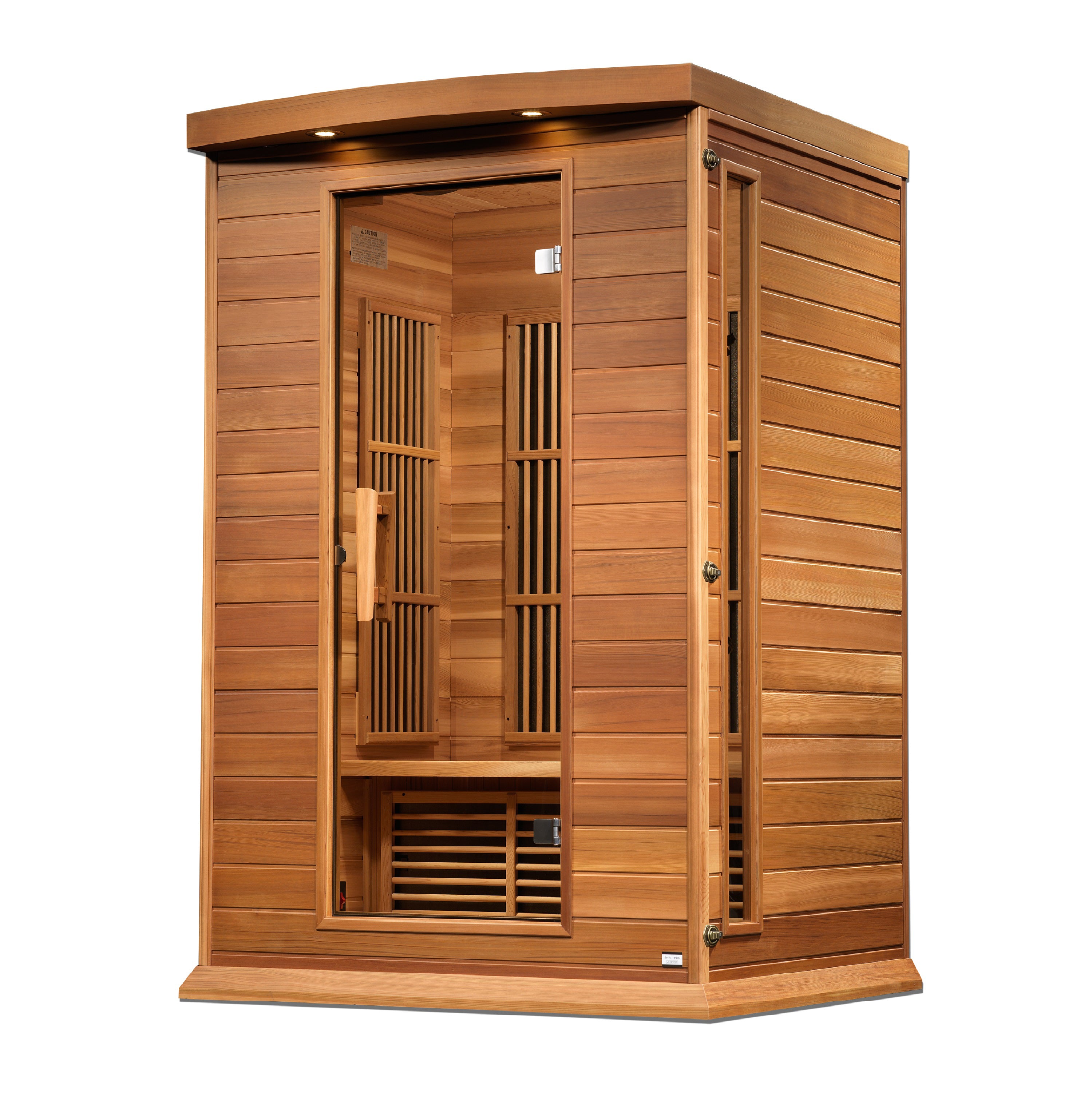 Wooden sauna with slatted design on a white background
