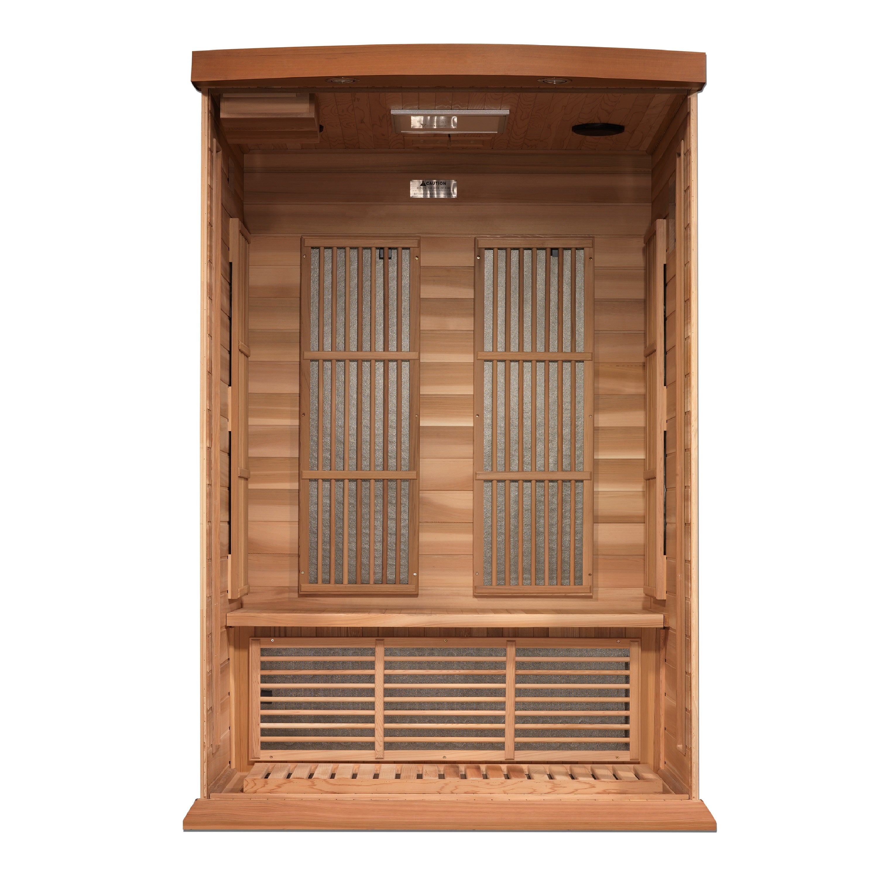 Wooden sauna with slatted doors on a white background