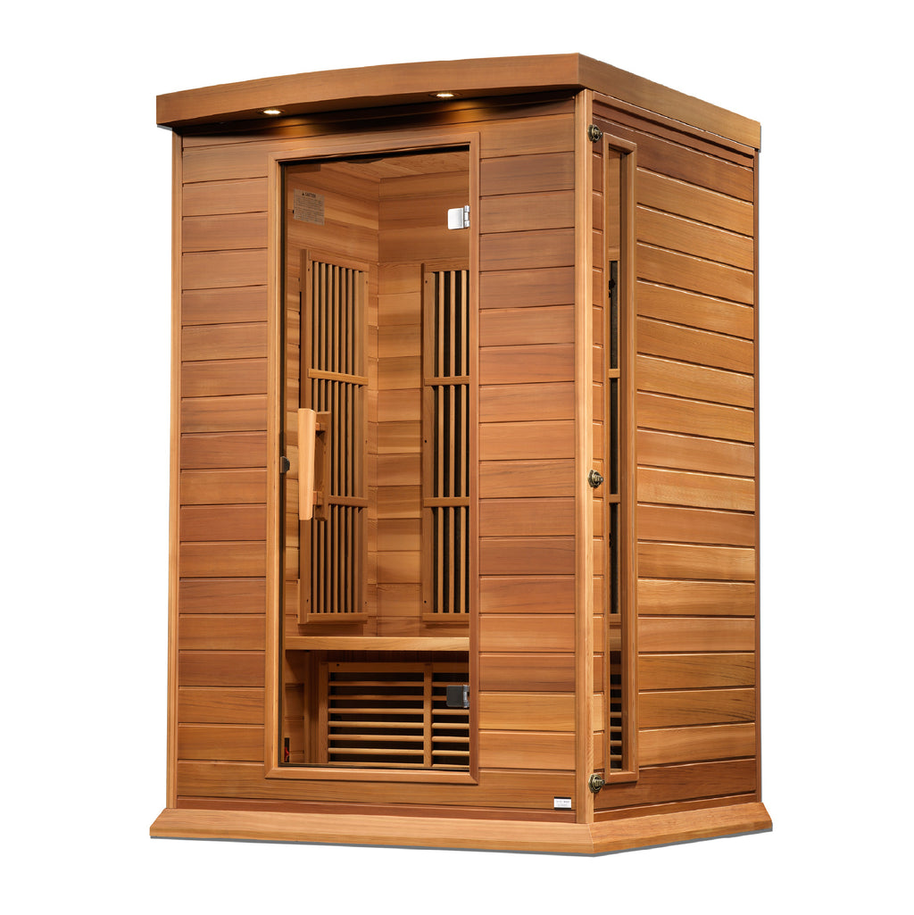 Wooden sauna with slatted design on a white background