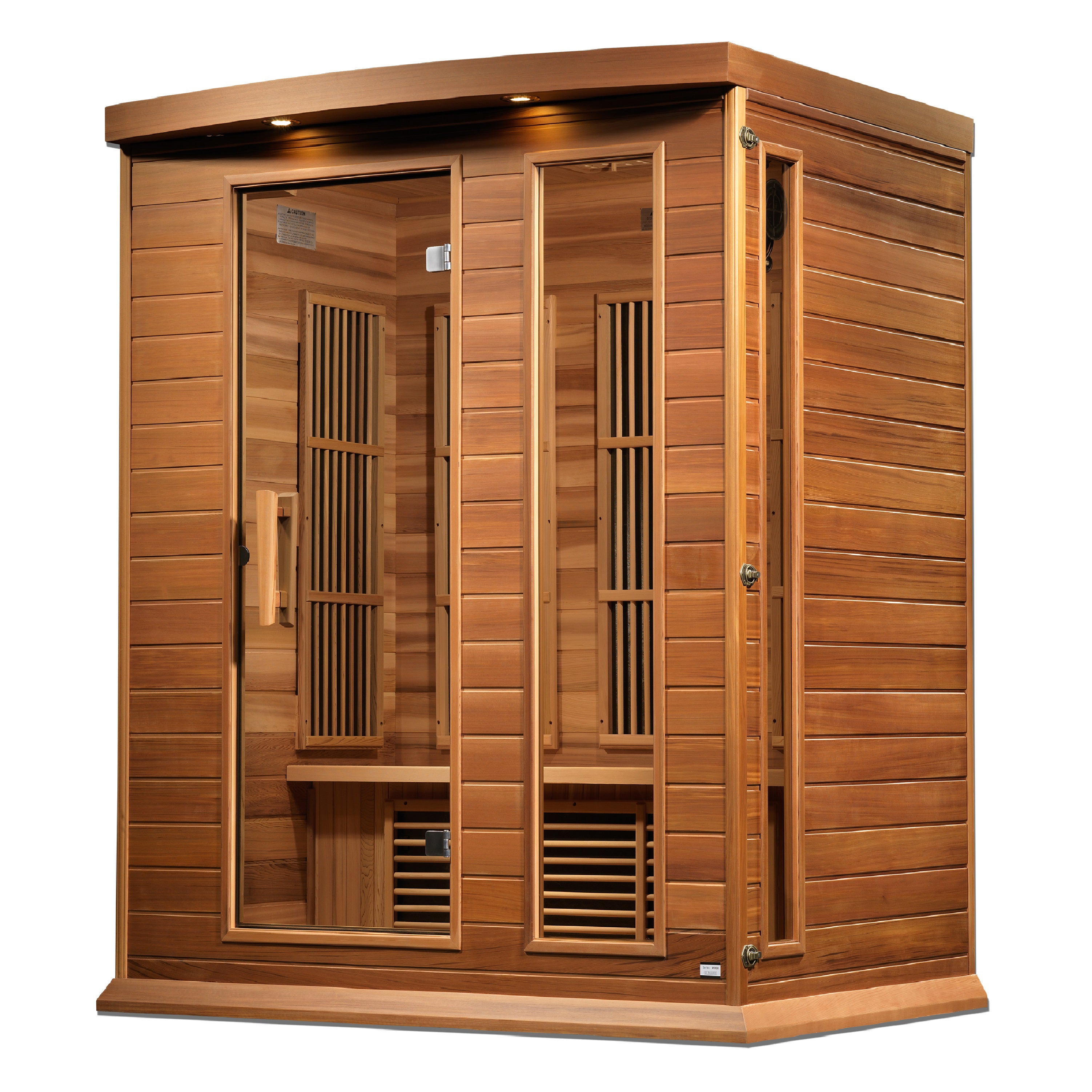 Wooden sauna with two doors on a white background