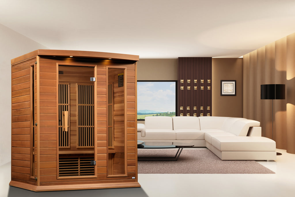 Infrared sauna in a modern living room with a white sofa and large window.