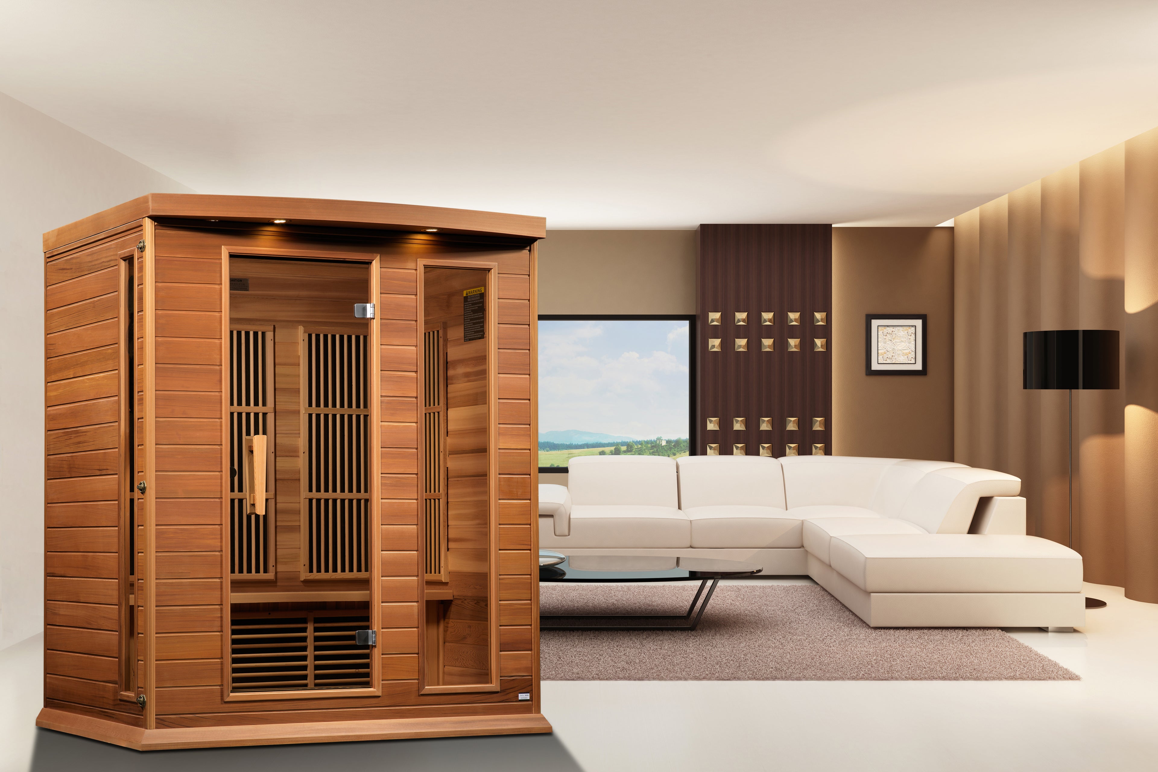 Infrared sauna in a modern living room with a white sofa and large window.