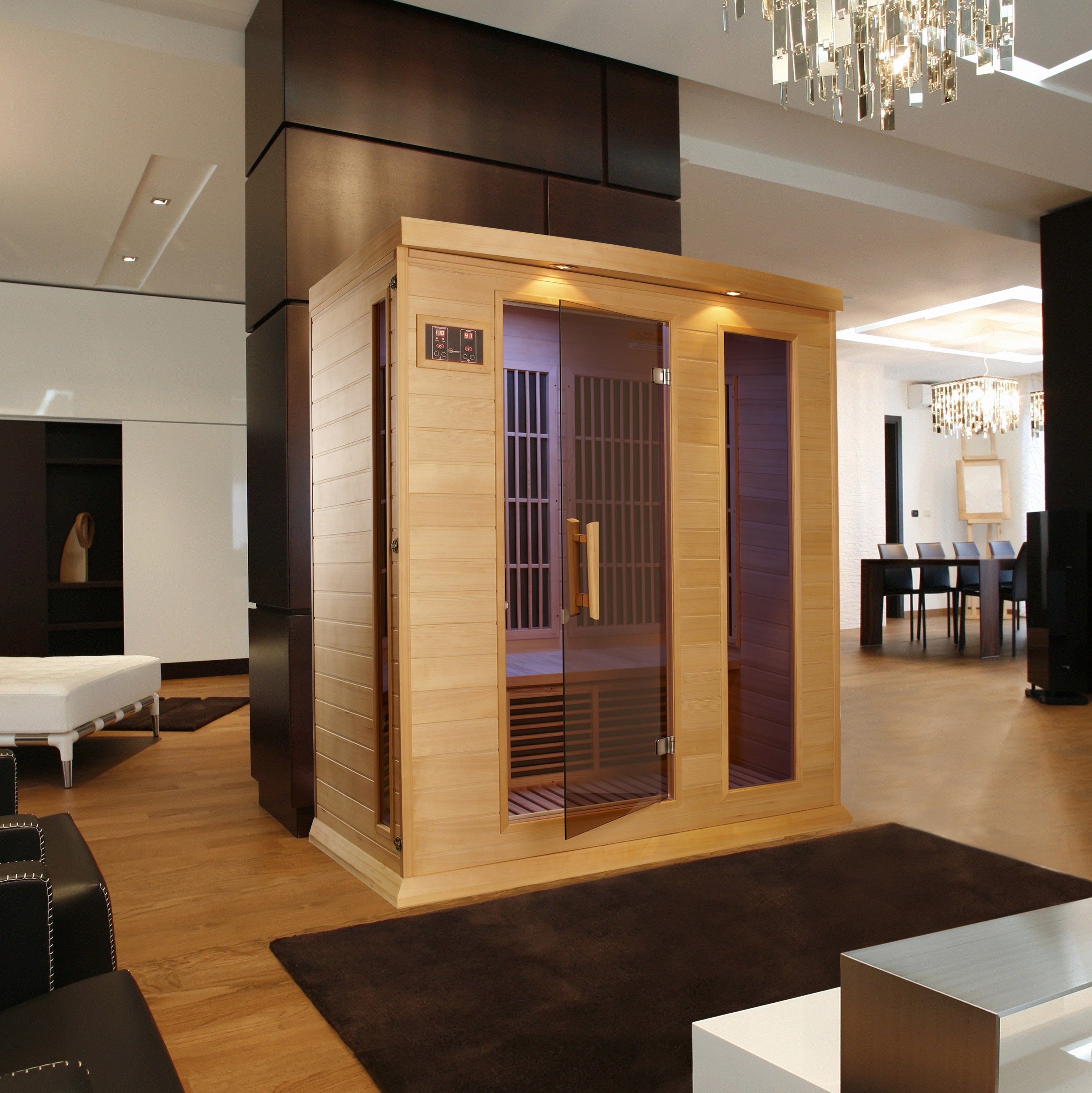Wooden sauna in a modern living room setting with furniture and decor.