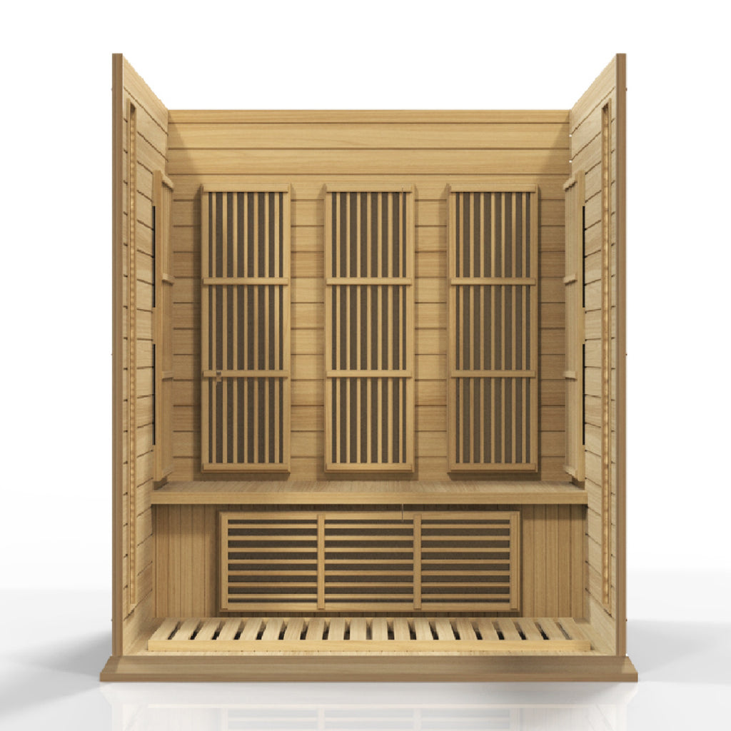 Wooden sauna with open doors on a white background
