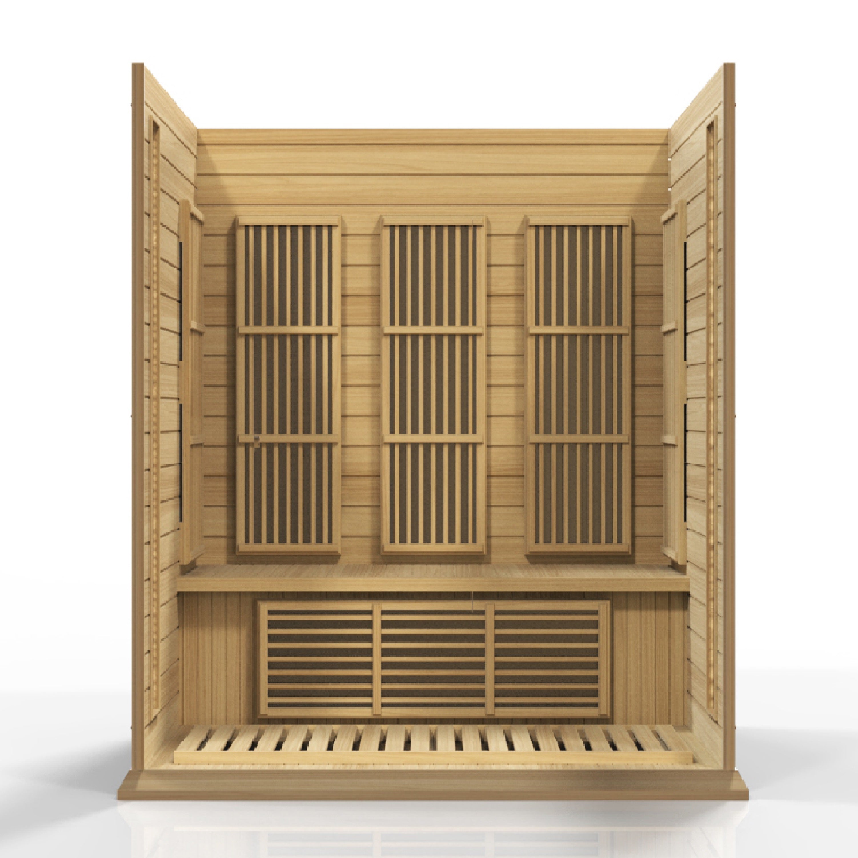 Wooden sauna with open doors on a white background