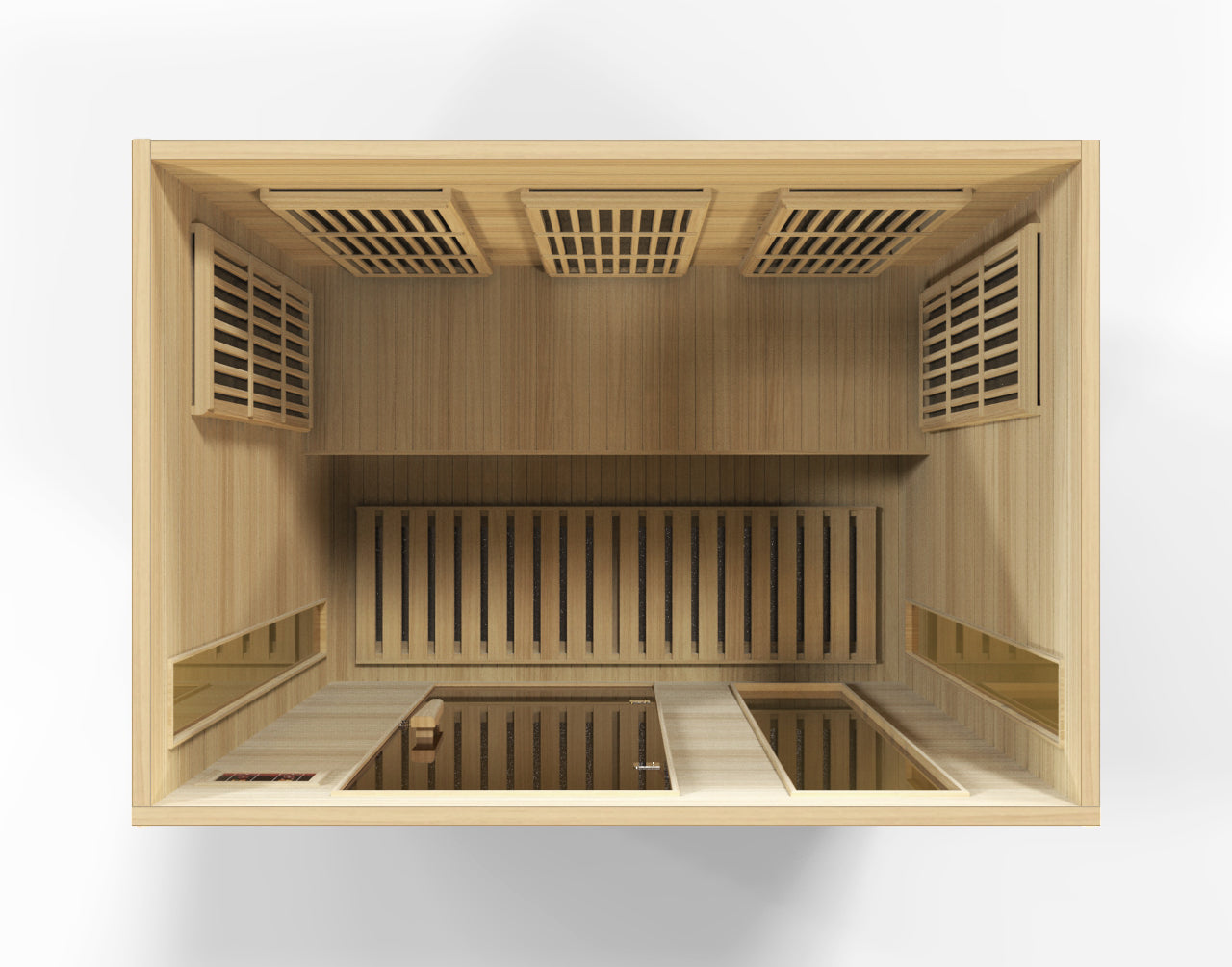 Wooden sauna interior with ventilation grilles on a white background