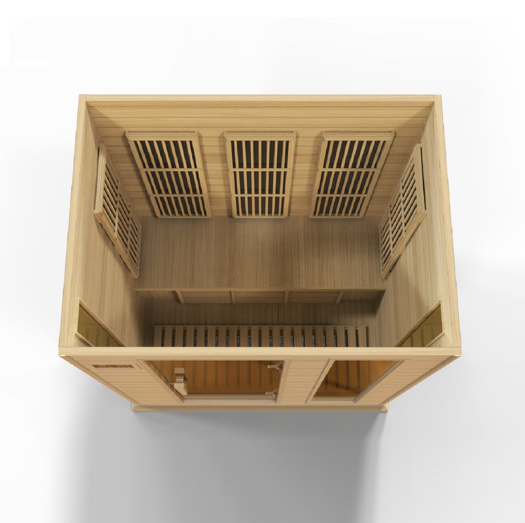 Wooden sauna with lattice design on a white background