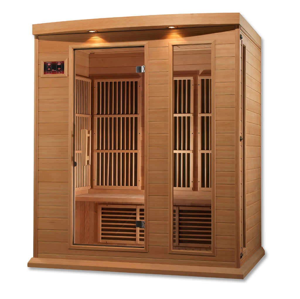 Wooden infrared sauna with a white background