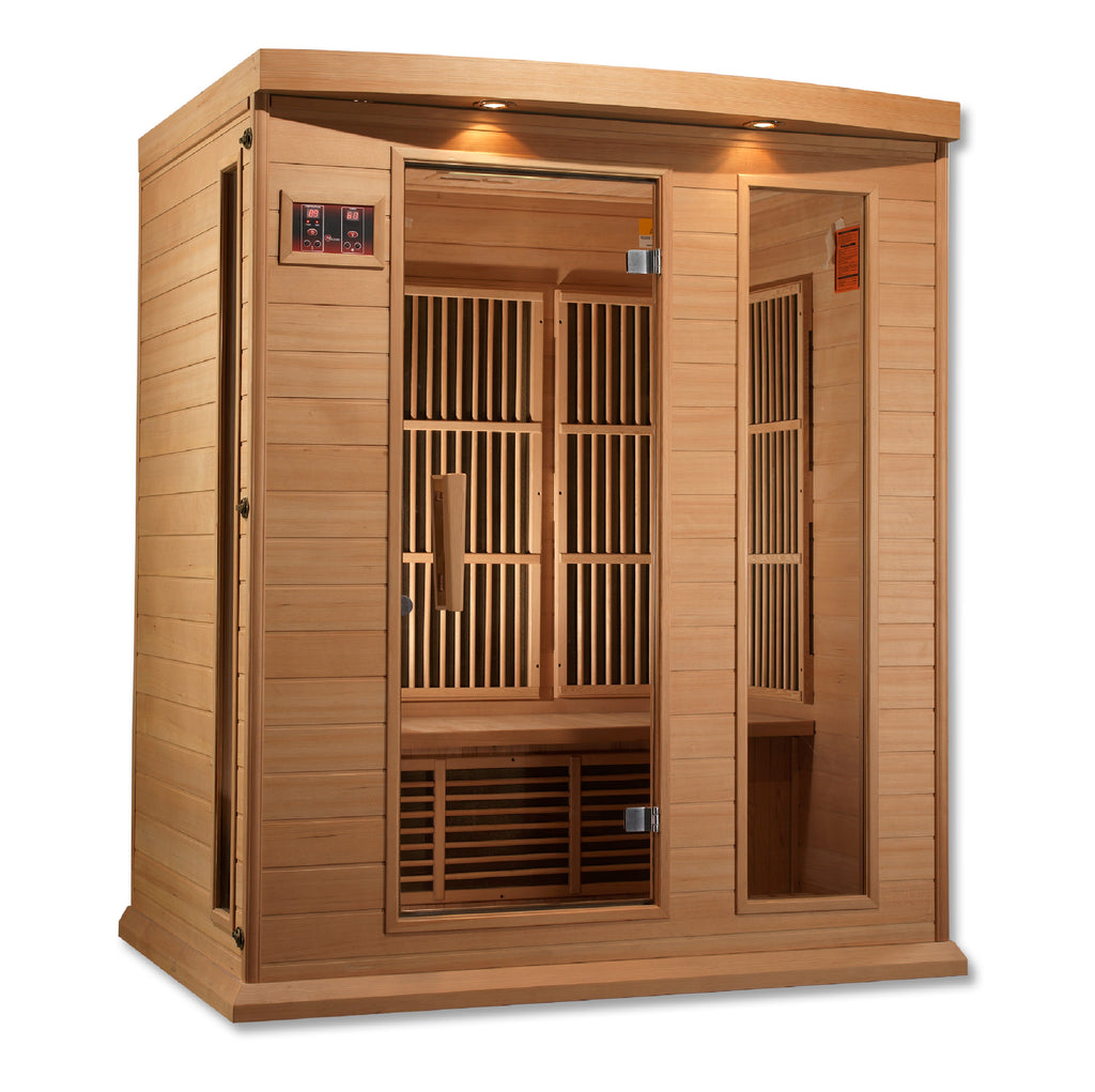 Wooden infrared sauna with glass panels on a white background