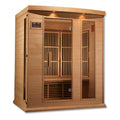 Wooden infrared sauna with glass panels on a white background