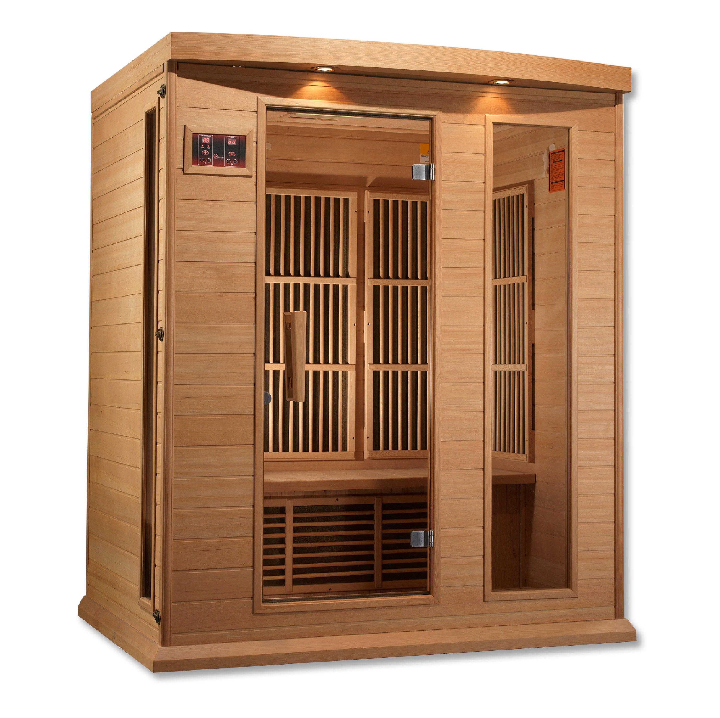 Wooden infrared sauna with glass panels on a white background