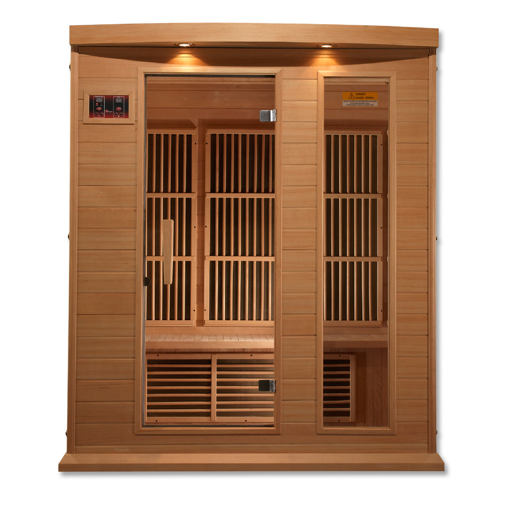 Wooden infrared sauna with interior bars on a white background