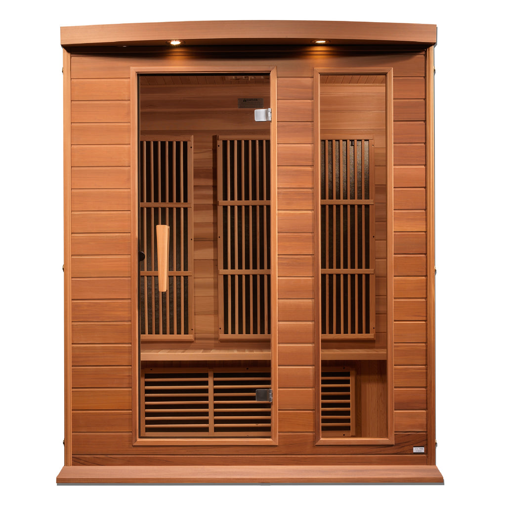 Wooden sauna with slatted design on a white background