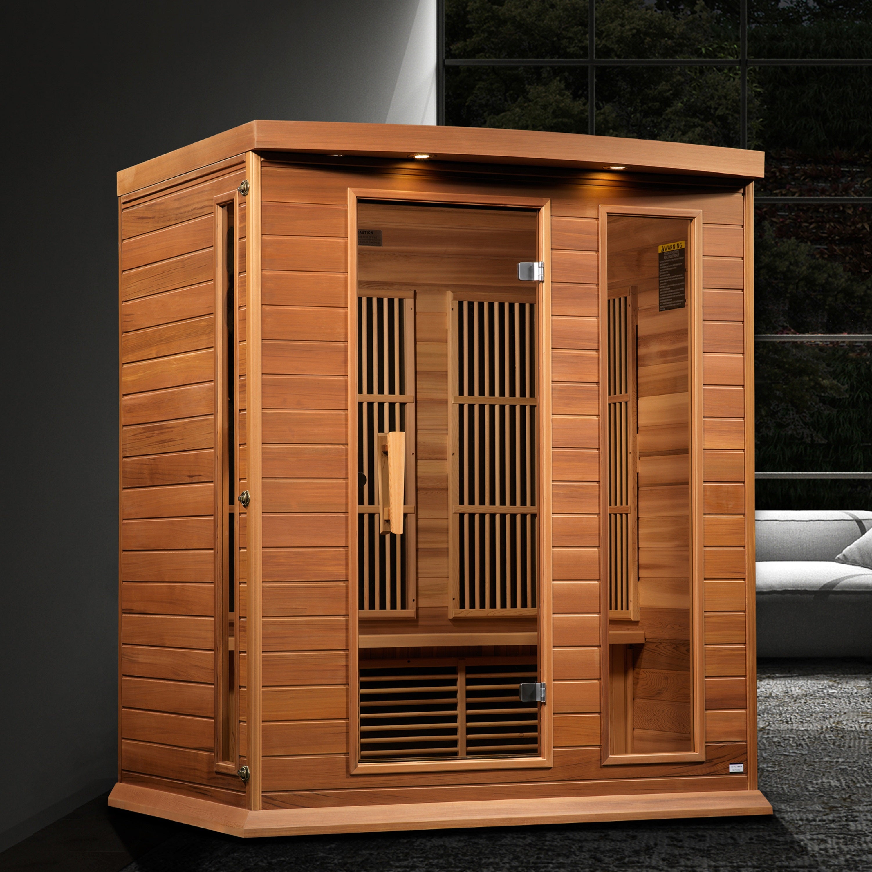 Wooden sauna with a dark background