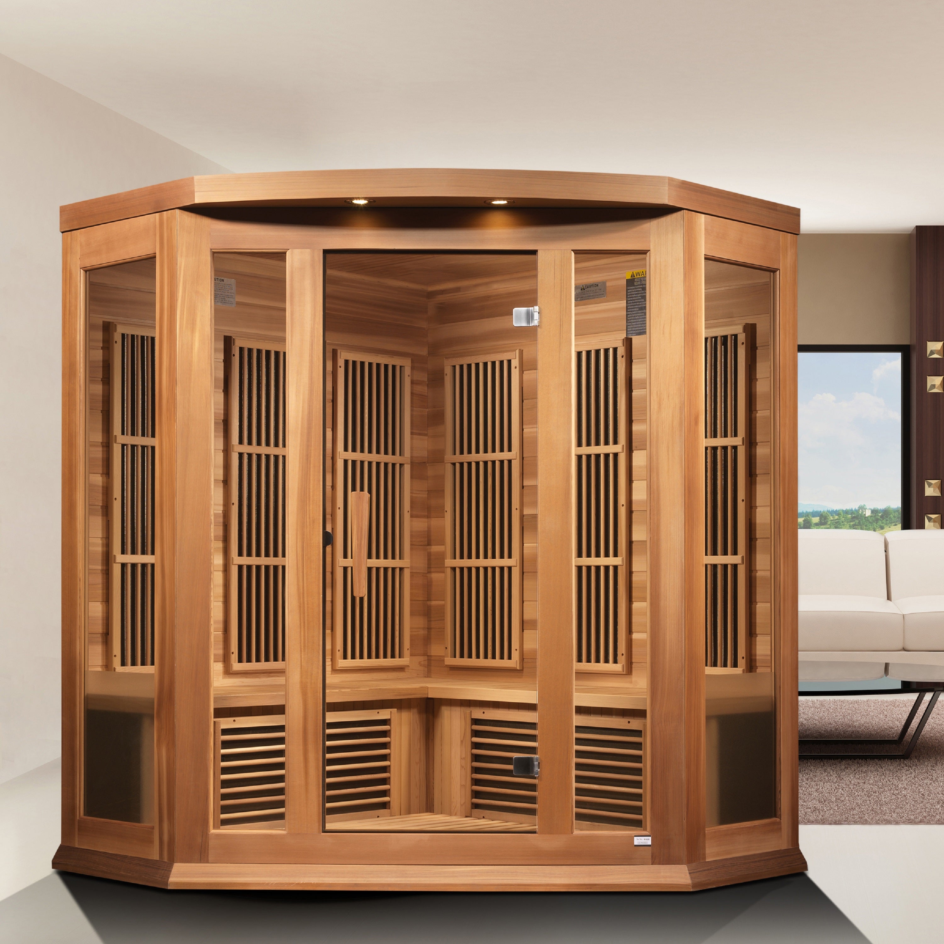 Wooden infrared sauna in a room with a couch and window