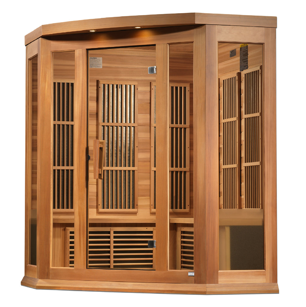 Wooden sauna with glass doors on a white background