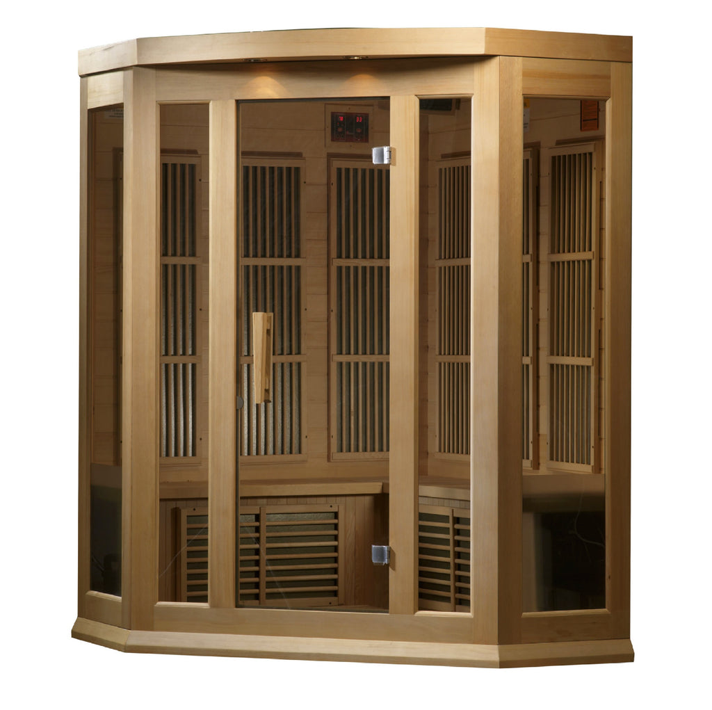 Wooden sauna with glass panels on a white background