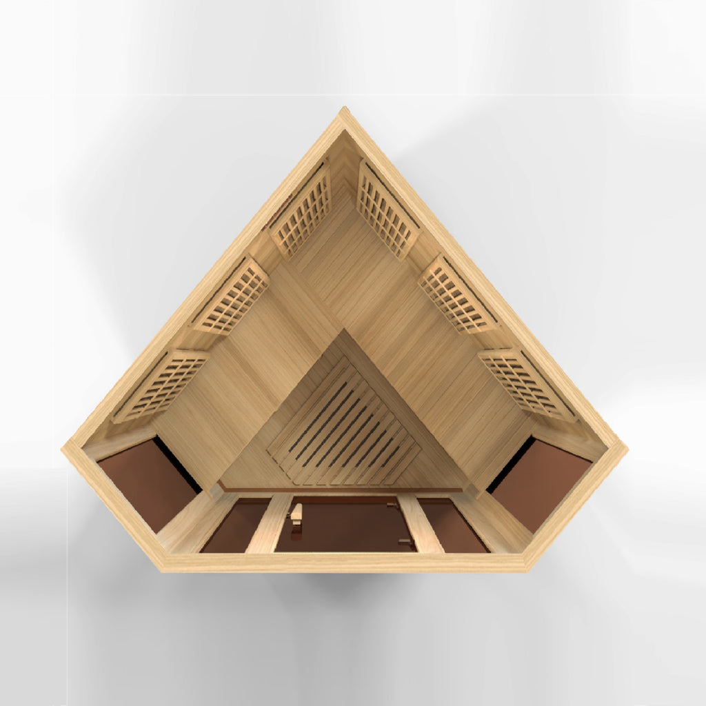 Wooden sauna with triangular design on a white background