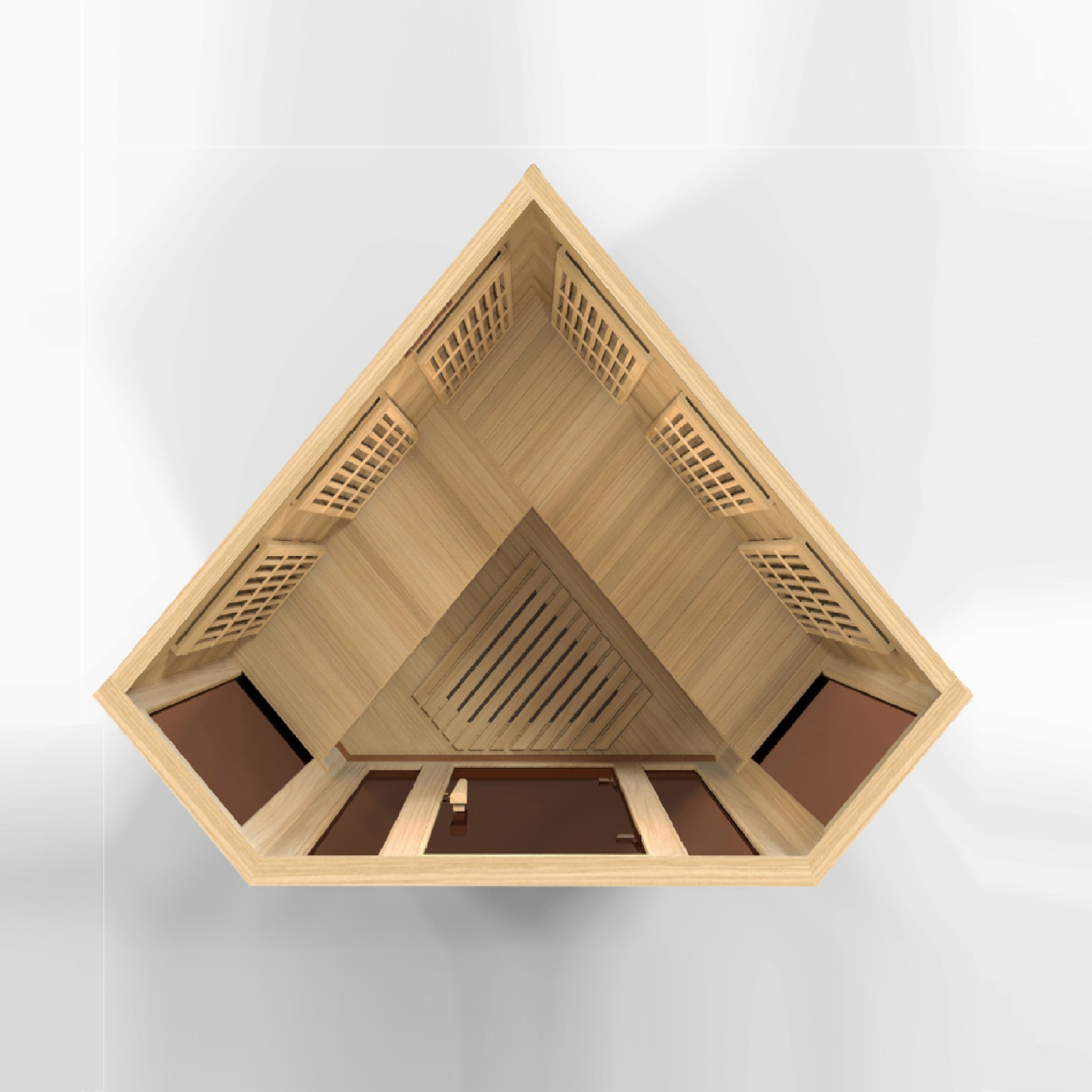 Wooden sauna with triangular design on a white background