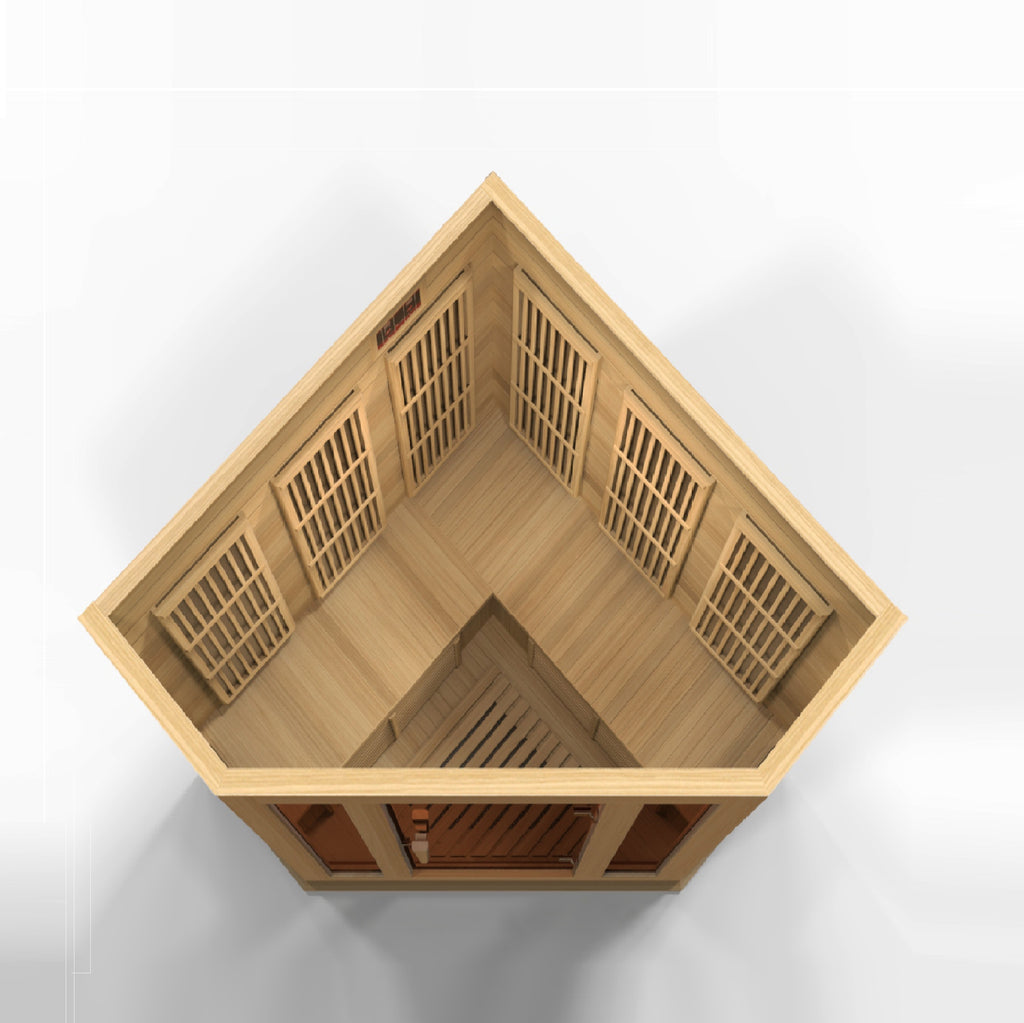 Wooden sauna with grid design on a white background