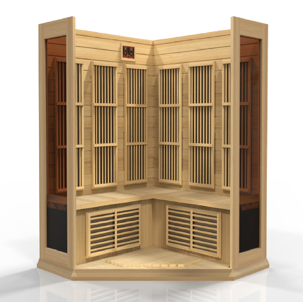 Wooden sauna with grid design on a white background