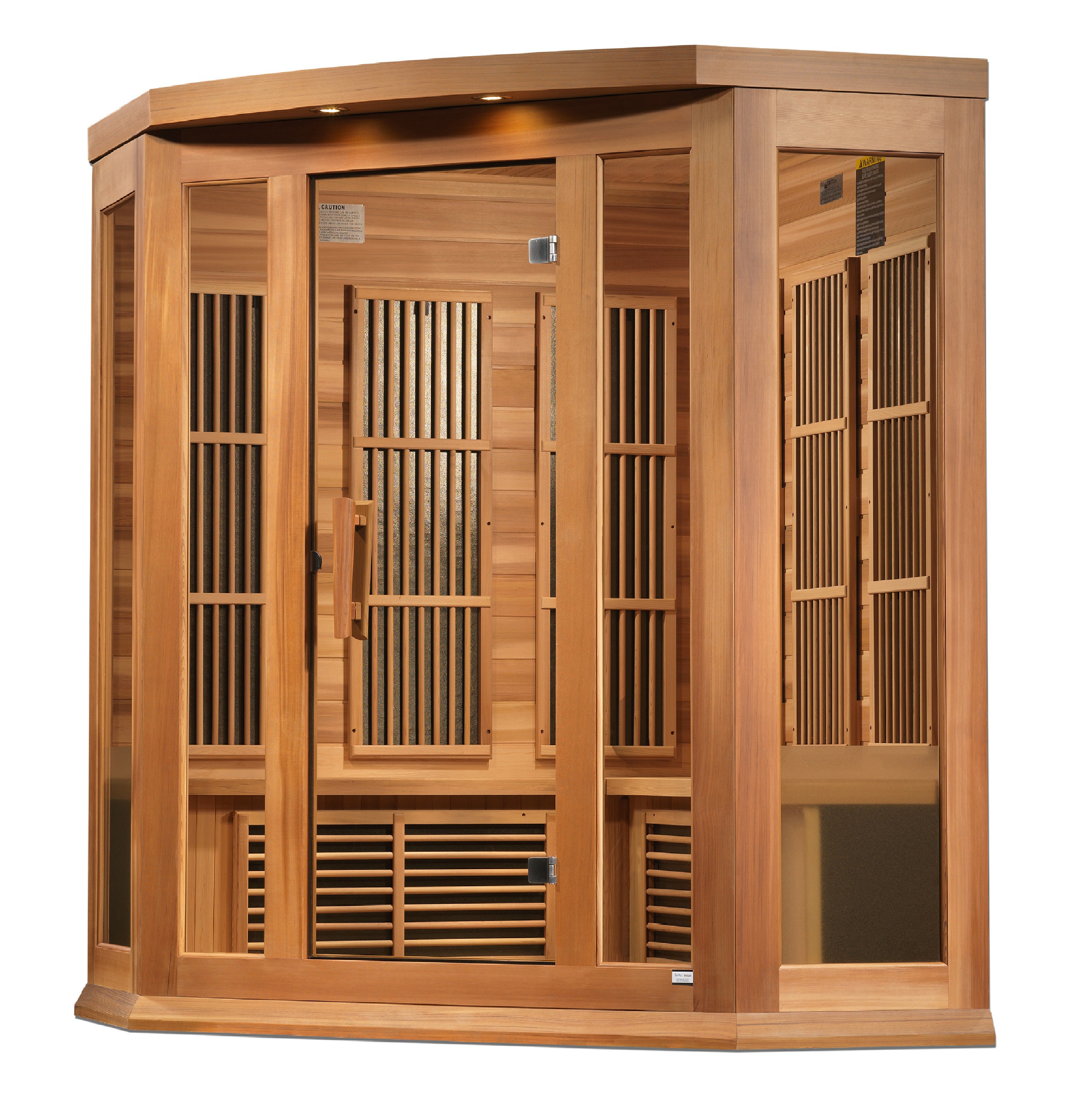 Wooden sauna with glass doors on a white background