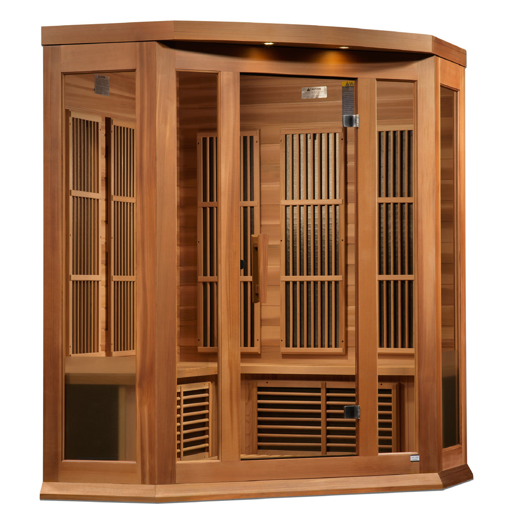 Wooden sauna with glass panels on a white background