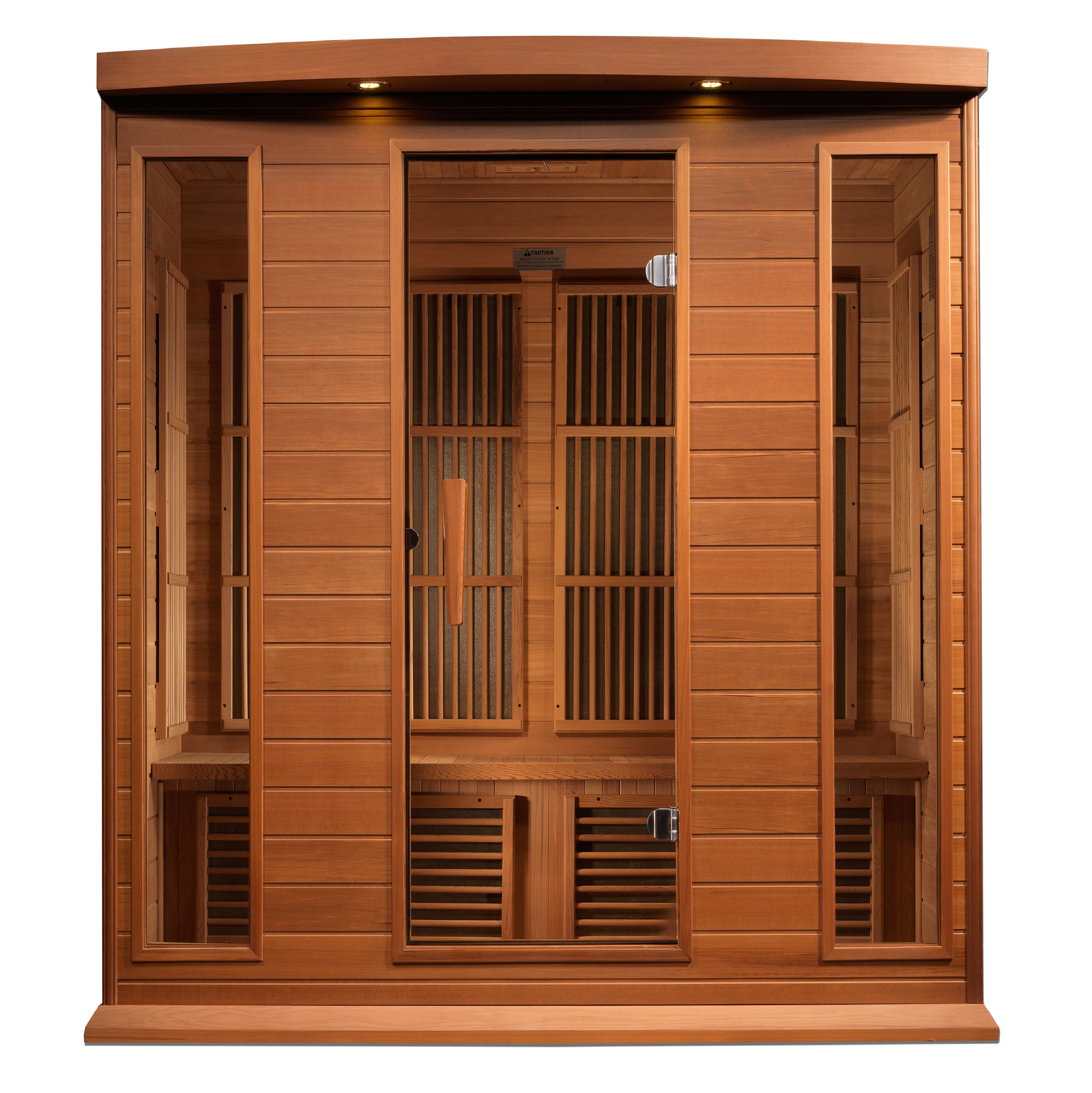 Wooden sauna with glass door on a white background
