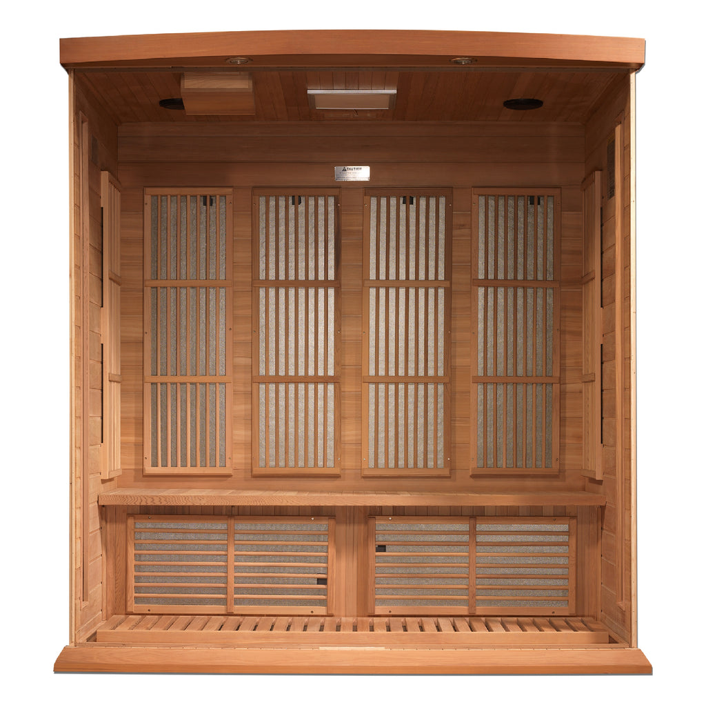 Wooden sauna with glass panels on a white background