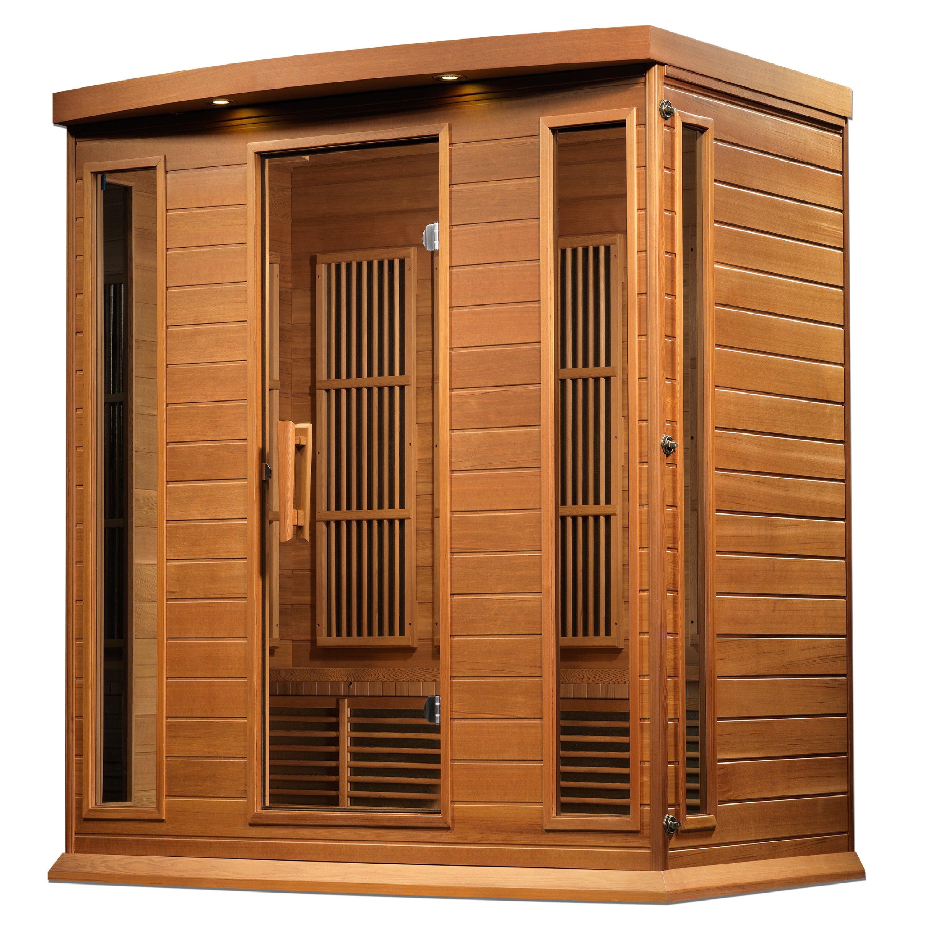 Wooden sauna with curved roof on a white background