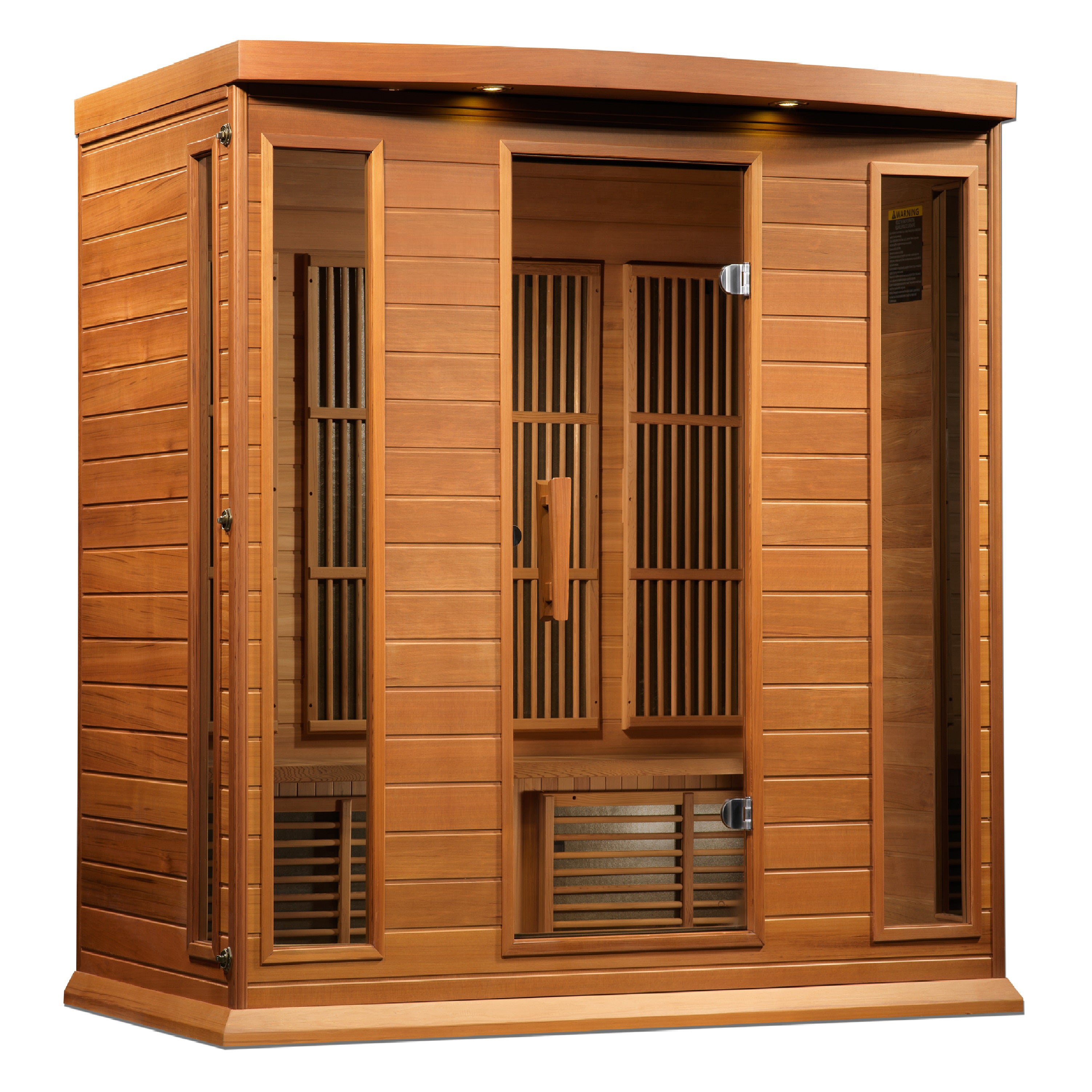 Wooden sauna with glass doors on a white background