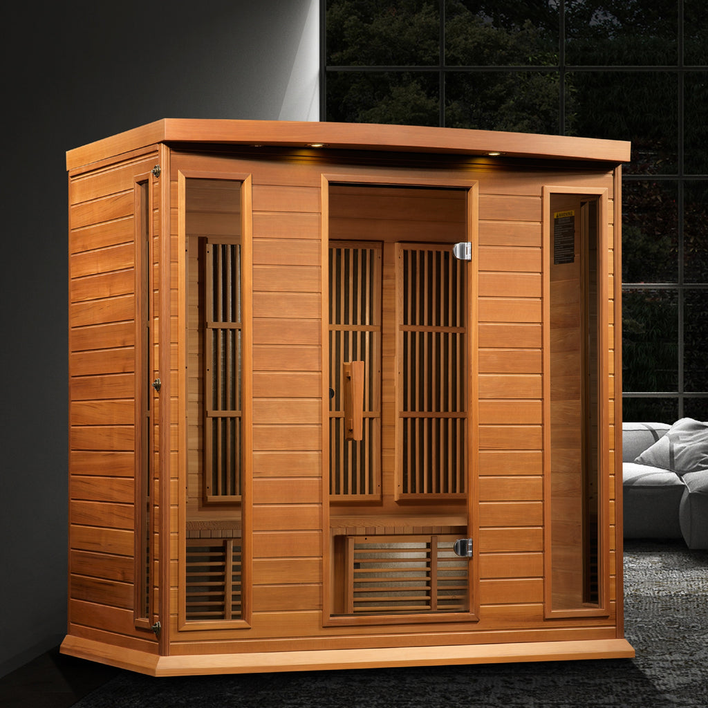 Wooden sauna in a room with a dark background