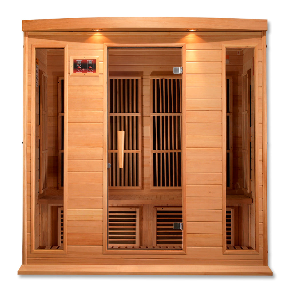 Wooden sauna with interior design on a white background
