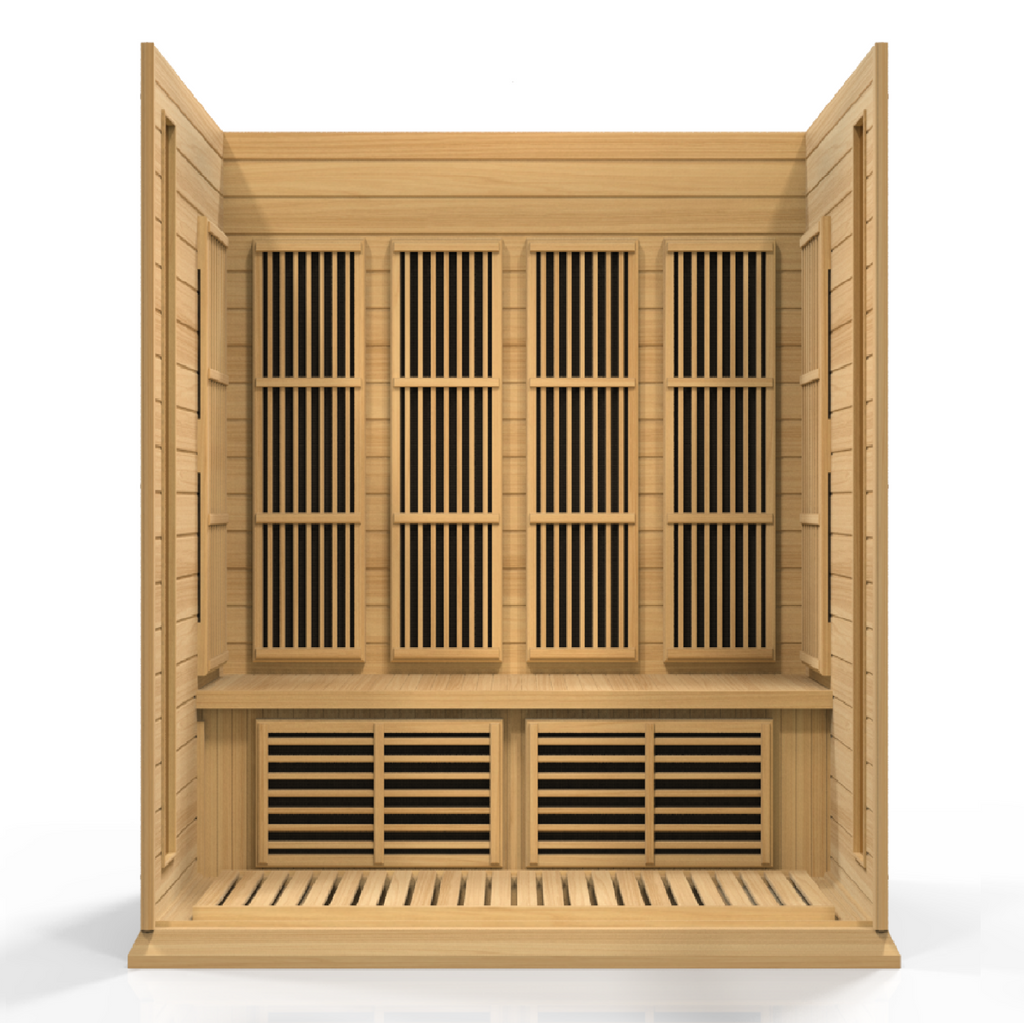 Wooden sauna with lattice design on a white background
