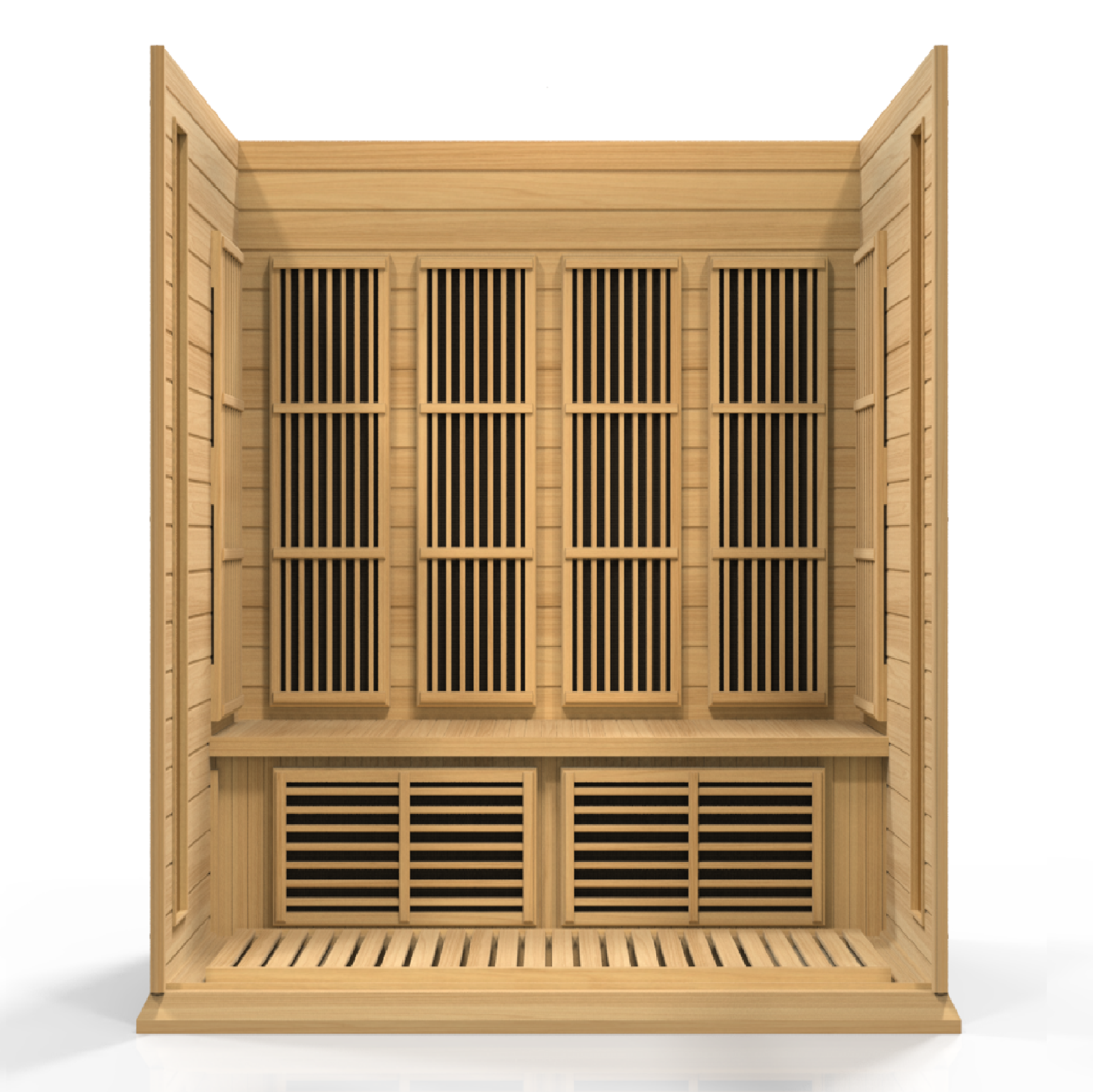 Wooden sauna with lattice design on a white background